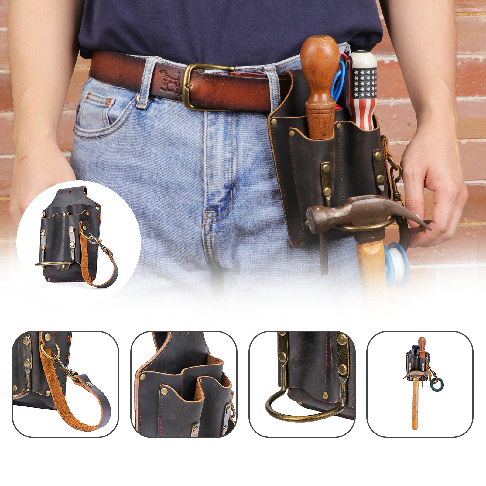 TOURBON Leather Electrician DIY Tool Holder Tunnel Hammer Belt Pouch 5-in-1 Case