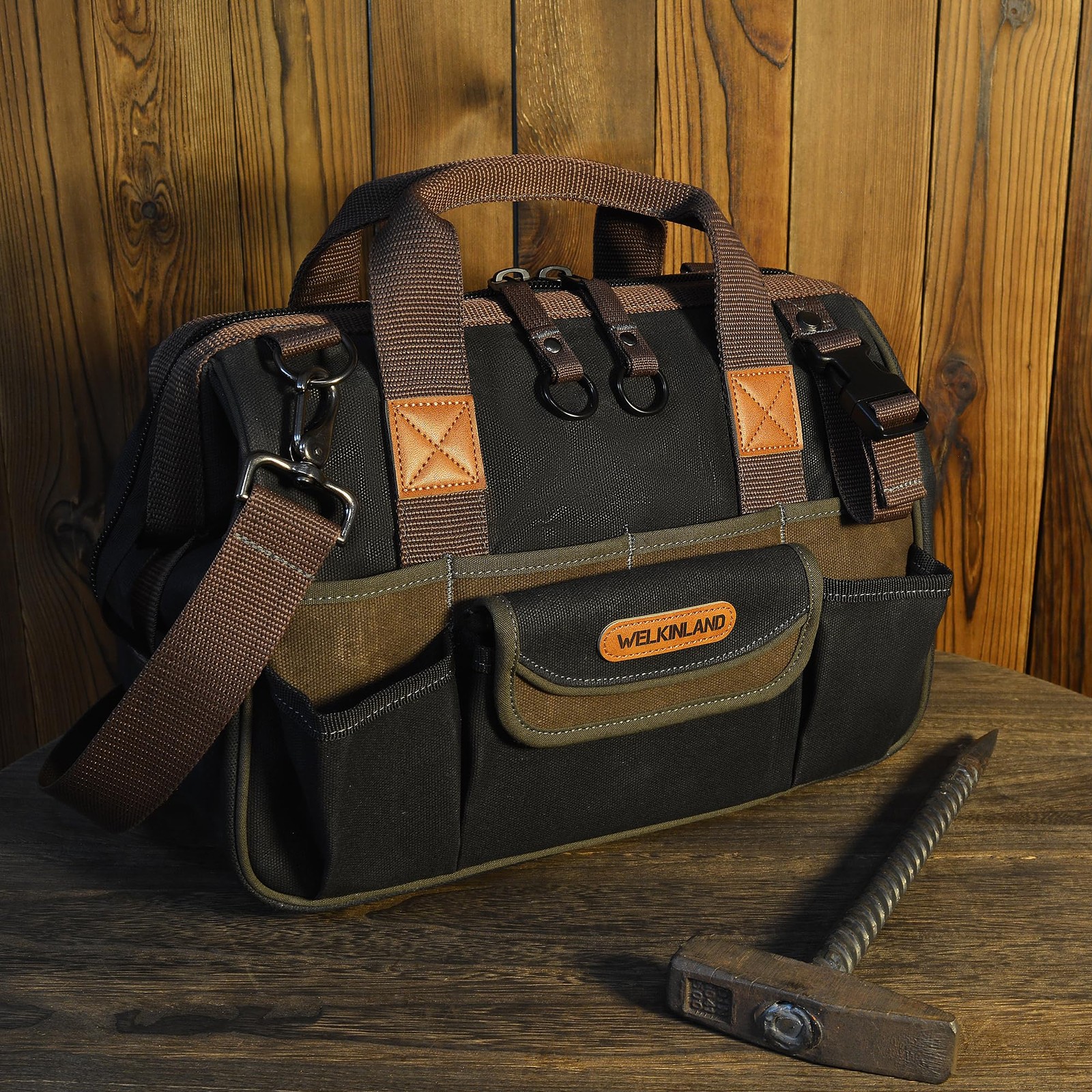 WELKINLAND 30-Pockets Canvas tool bag, 14-Inch Heavy Duty tool bag, Waxed Canvas
