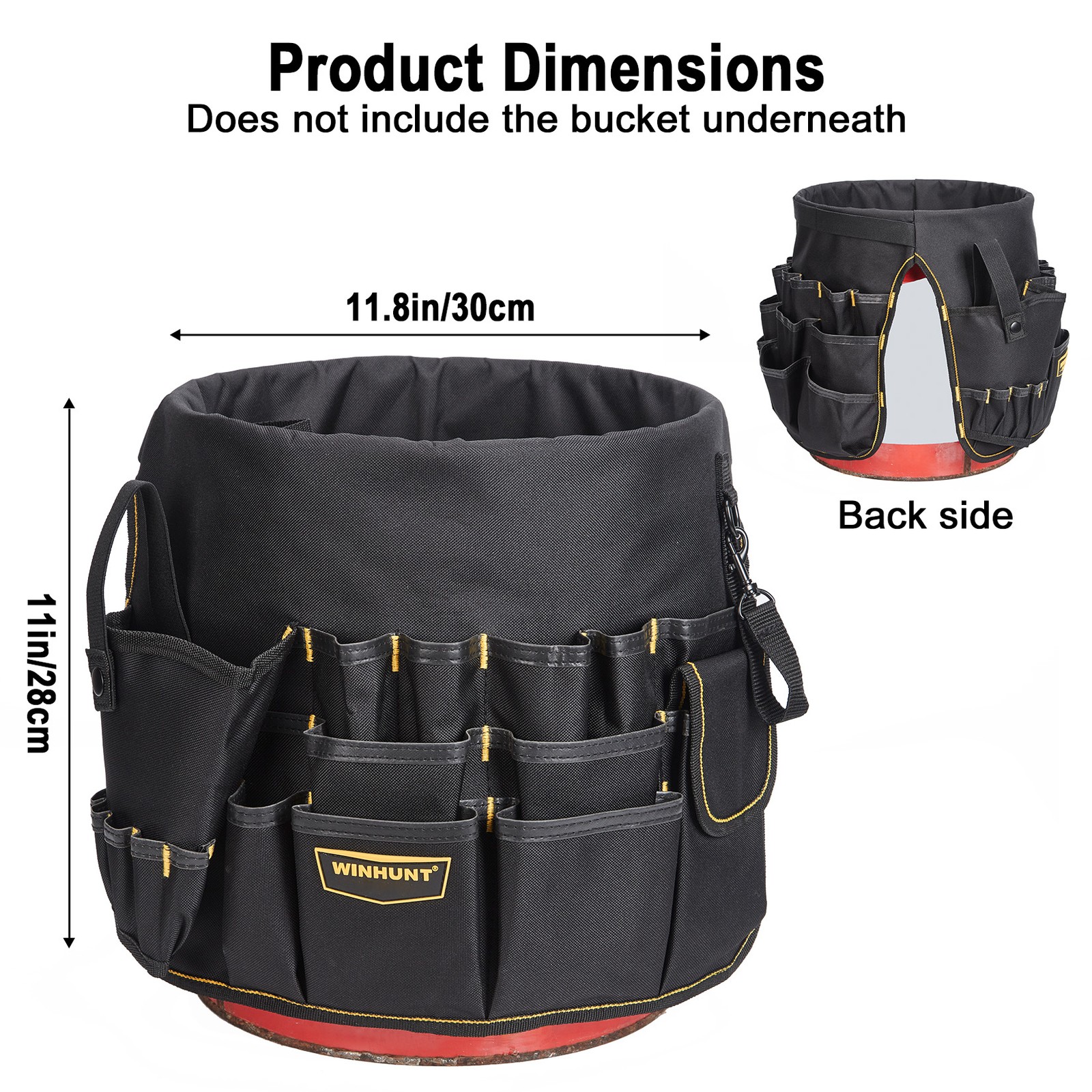 Oxford Cloth Tool Bag,11.8″ Bucket,Multi-Pocket Heavy-Duty Storage Bag, Black
