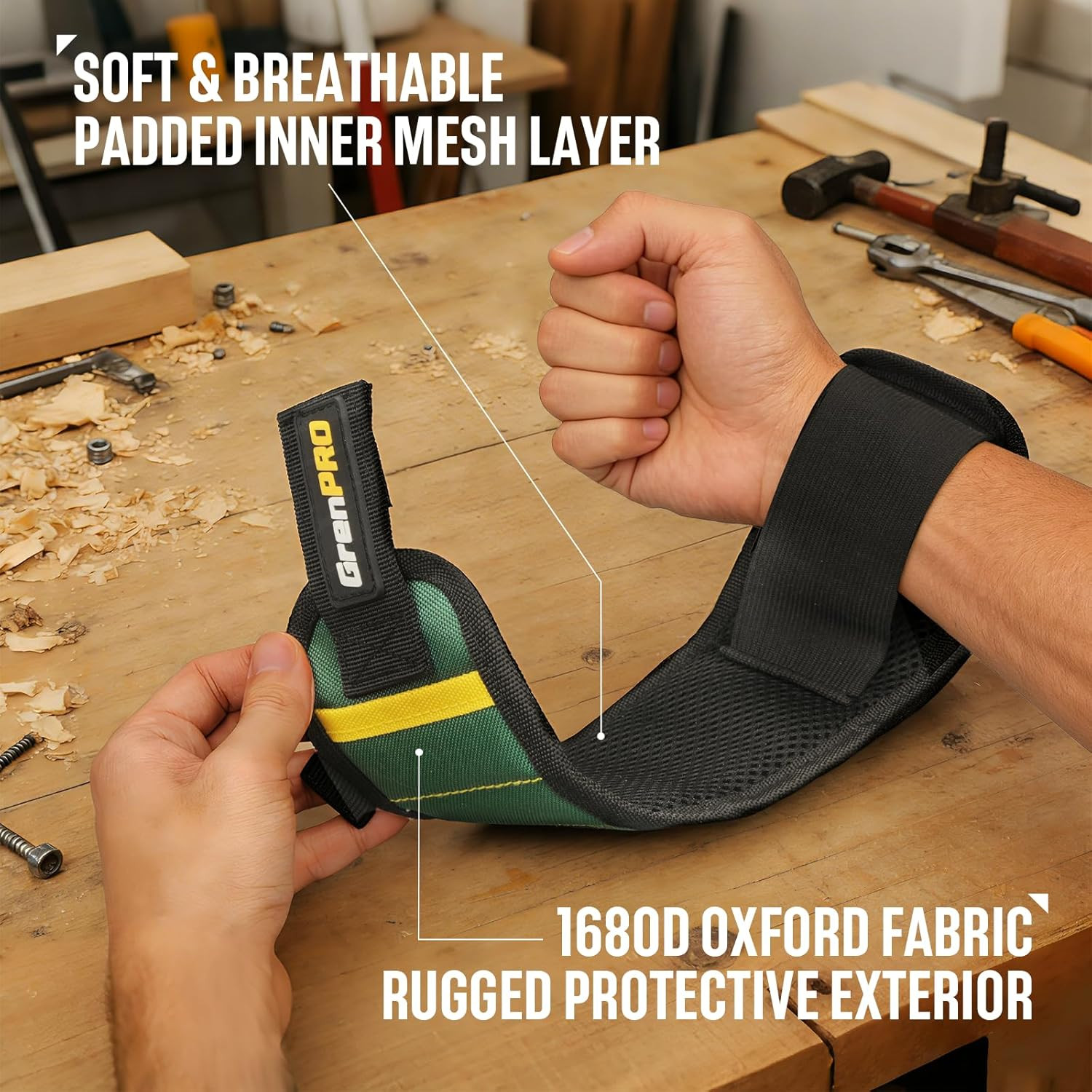 GRENPRO Magnetic Tool Wristband with 3 LED Flashlights Heavy Duty Oxford Belt fo