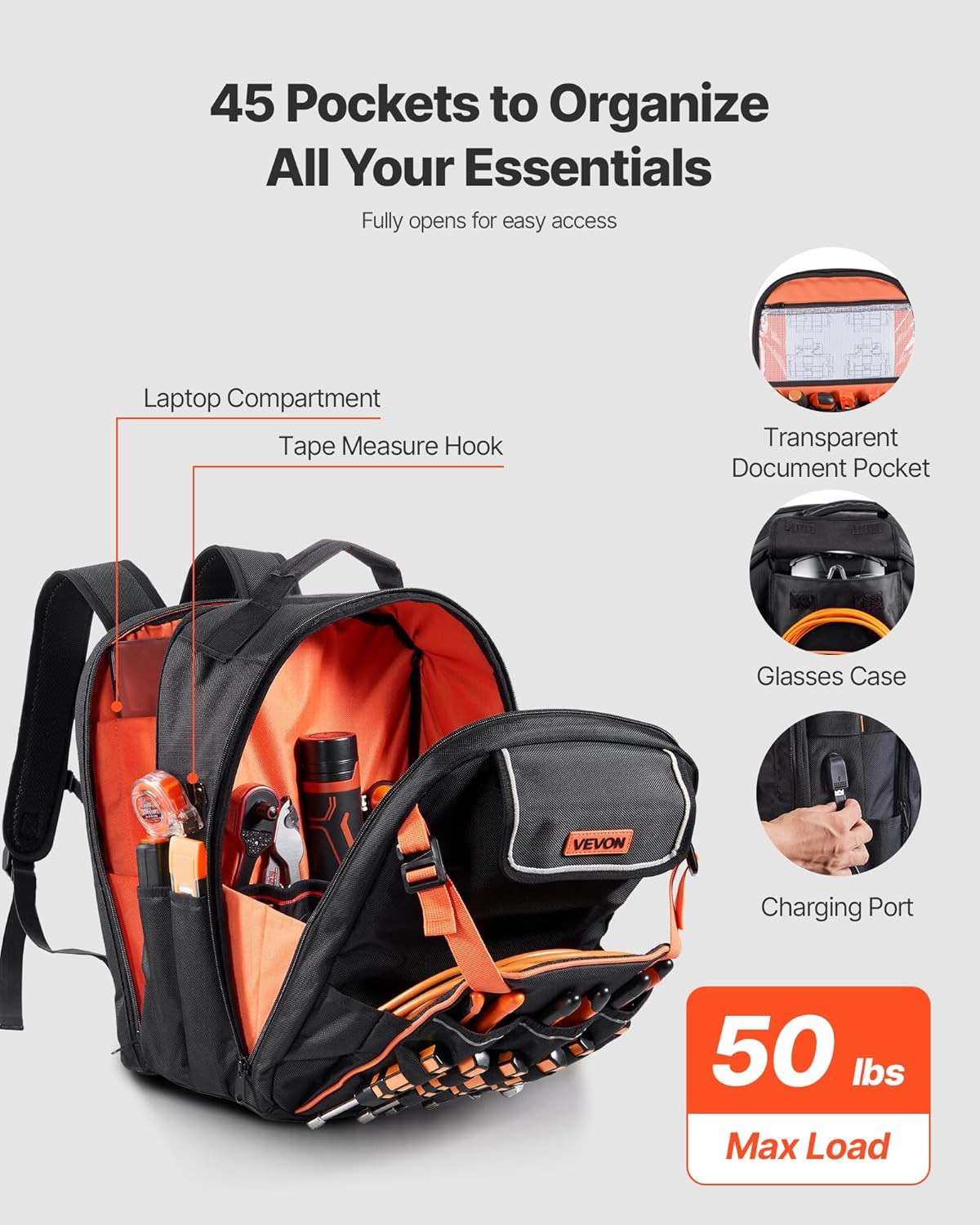 Tool Backpack, 45 Pockets, Heavy-Duty Tools Storage Organizer Work Bags Backpack
