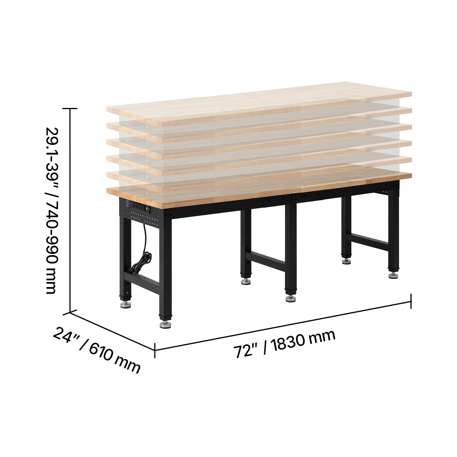 Adjustable Workbench, 5000 lbs Capacity, 72 x 24 Inch Oak Wood Top Workstation