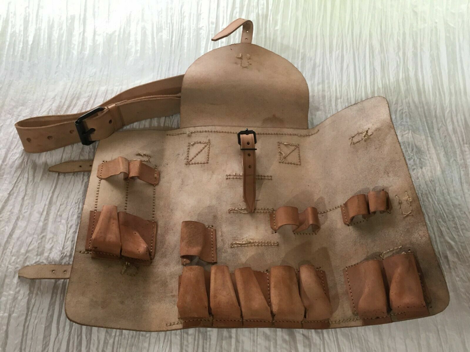 French Vintage WW2 Era Army Surplus Mens Leather Tool Bag Tool Roll Folding Bag
