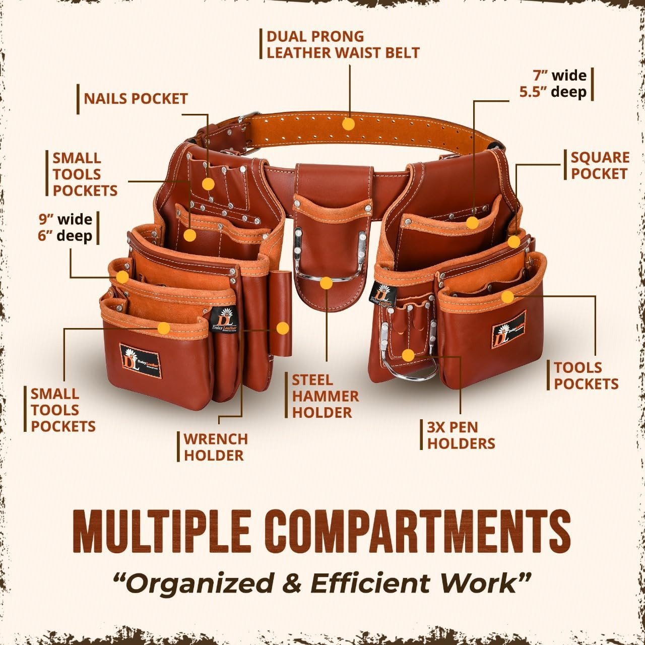 Daisy Pro Leather Tool Belt – 28 Pockets, Padded, Fits 30-52″ Waist, Cherry