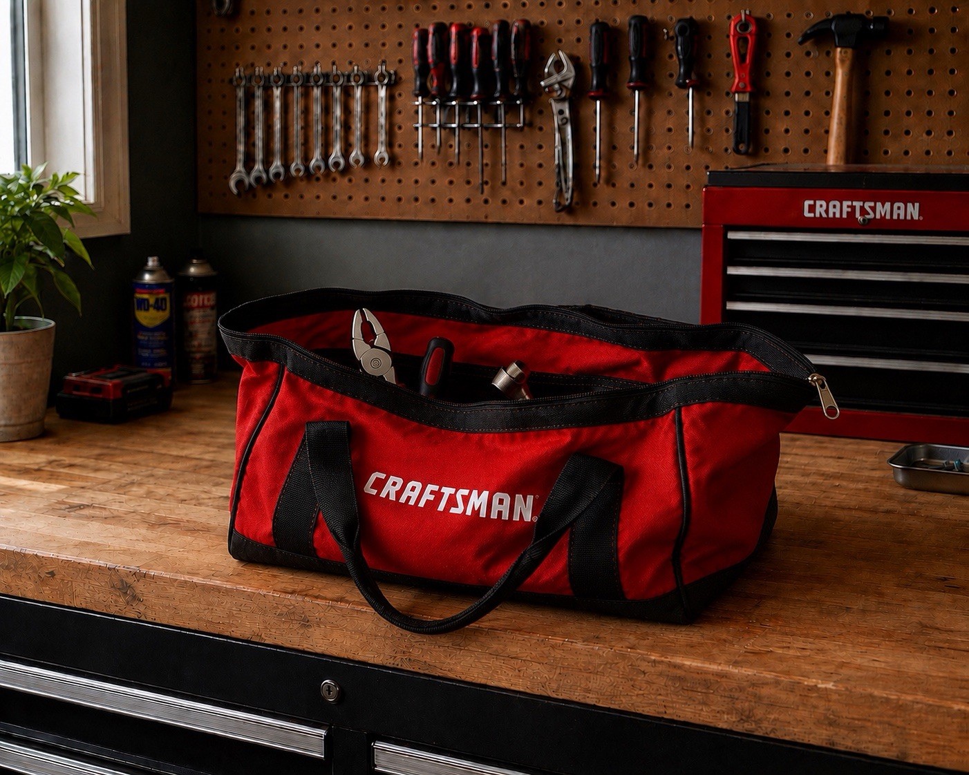 Craftsman Red/Black Fabric Tool Bag with Carry Handle & Zipper Closure