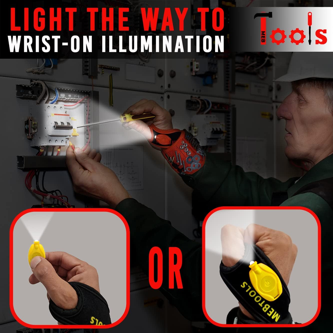 Magnetic Wristband with Flashlight and Tape Measure – Screw, Drill Bit, and Nail