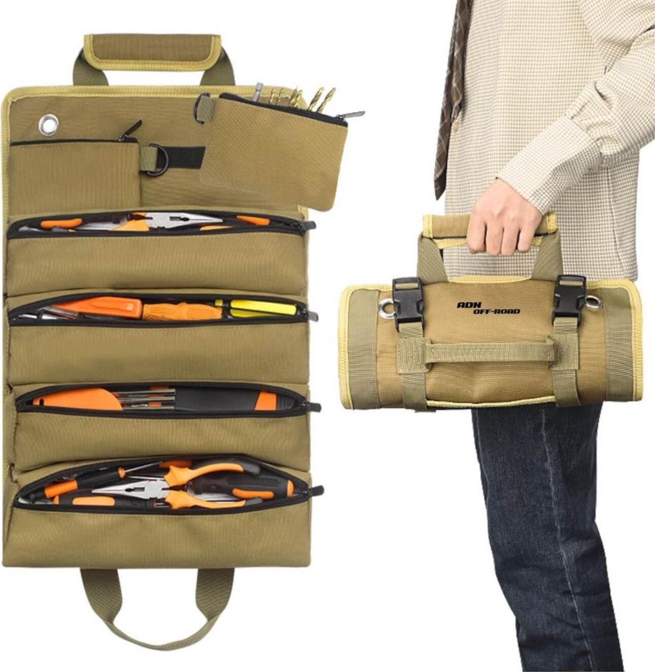 Heavy Duty Roll Up Tool Bag Tool Pouches Tool Bag Organizer W/ 6 Pockets