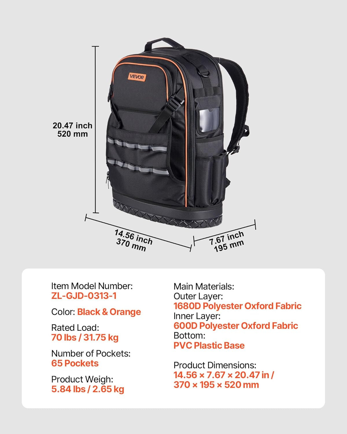 Tool Backpack, 65 Pockets, Heavy-Duty Tools Storage Organizer Work Bags Backpack