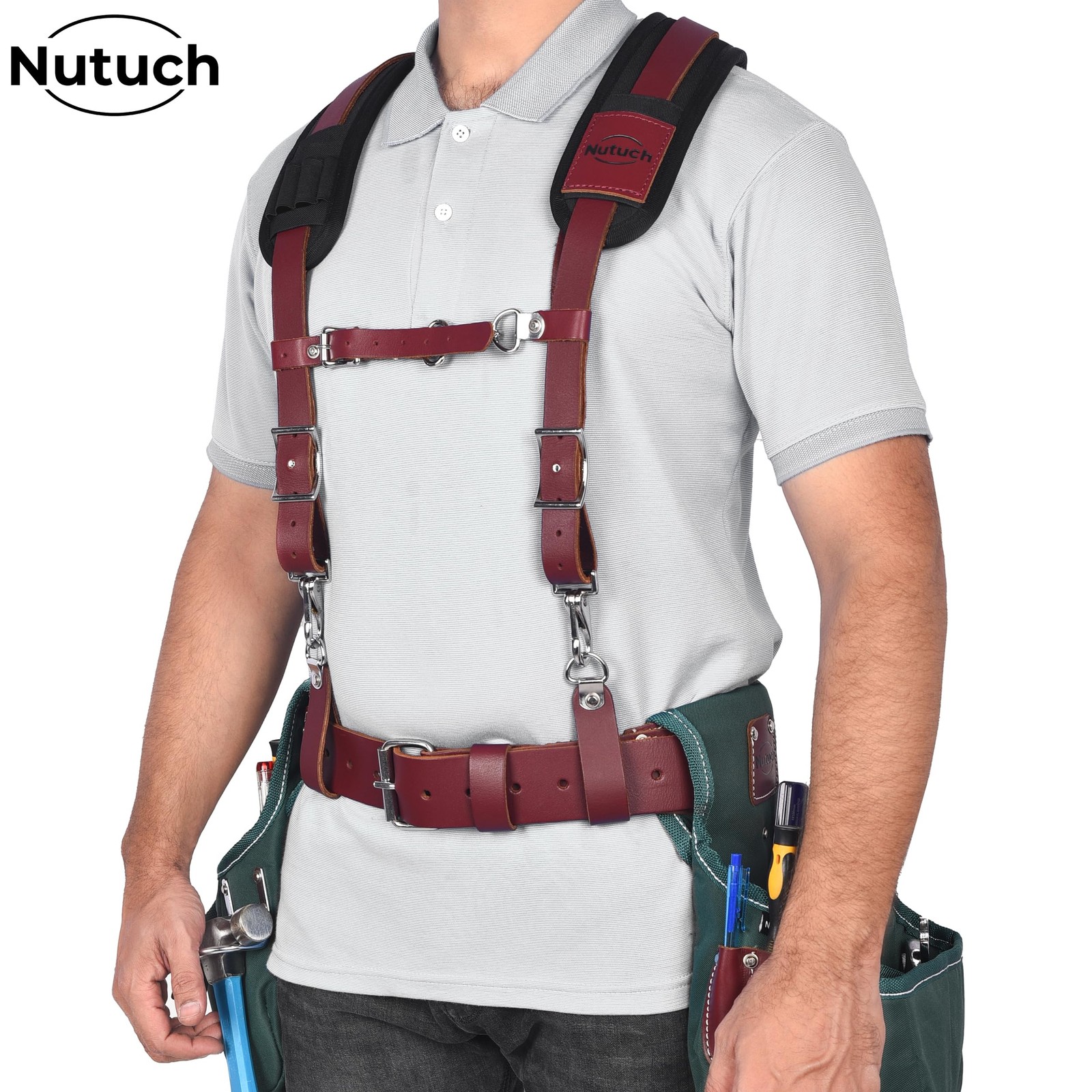 Heavy Duty Leather Work Suspender With Pockets | Fully-Adjustable Padded Leather