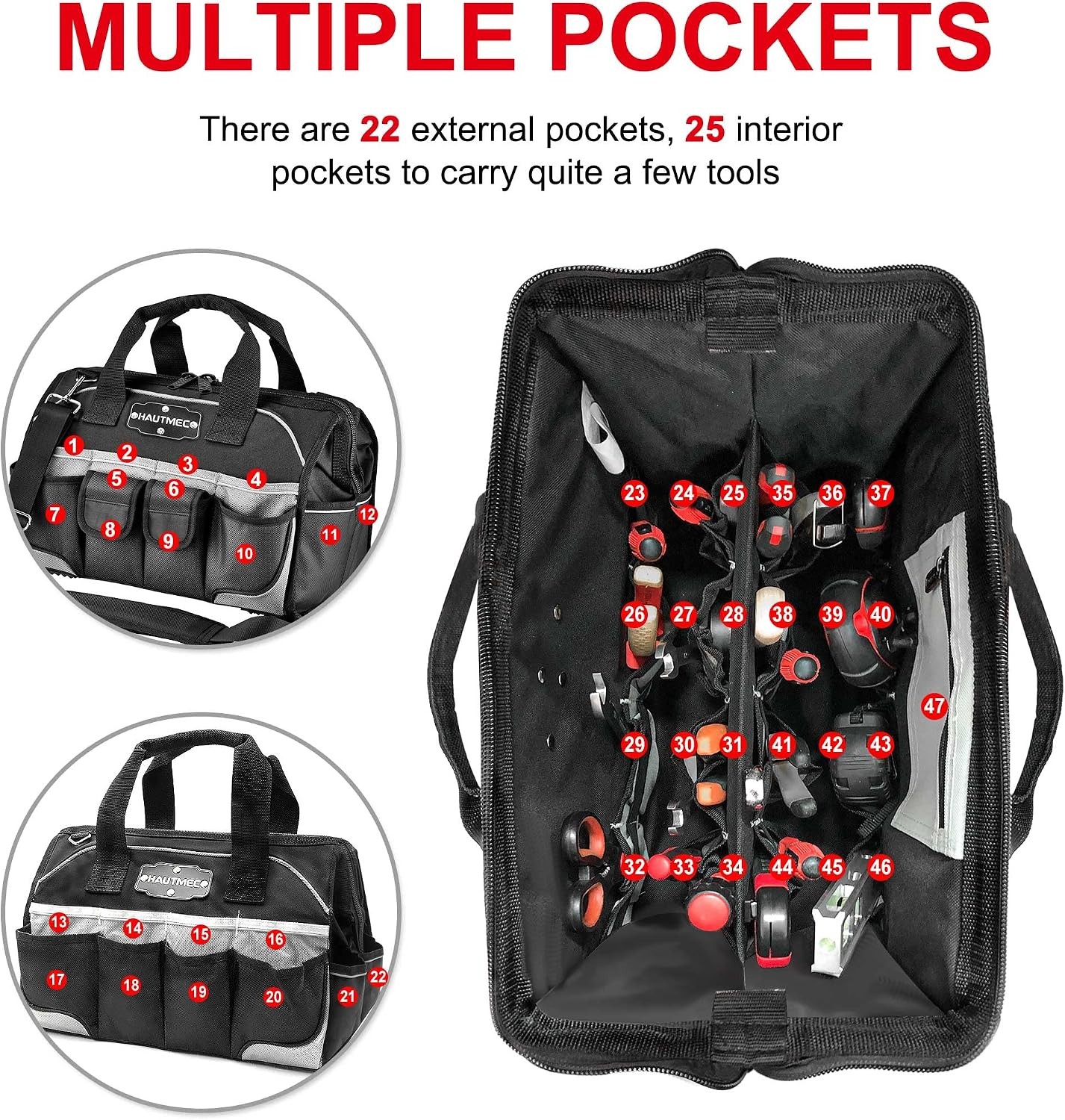 16″ 47-Pockets Tool Bag Heavy-Duty 1680D Wide Mouth Tool Organizer W/ Reinforced