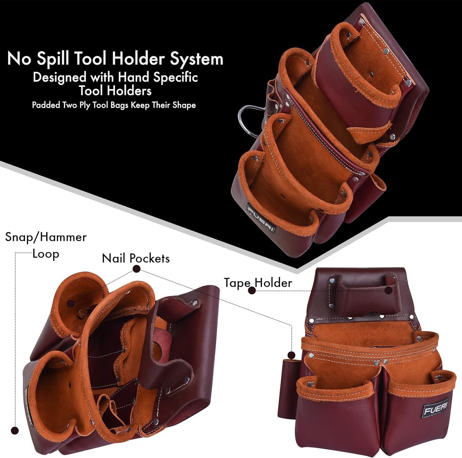 FUERI Leather Tool Belt With Suspender Heavy Duty Carpenter Construction