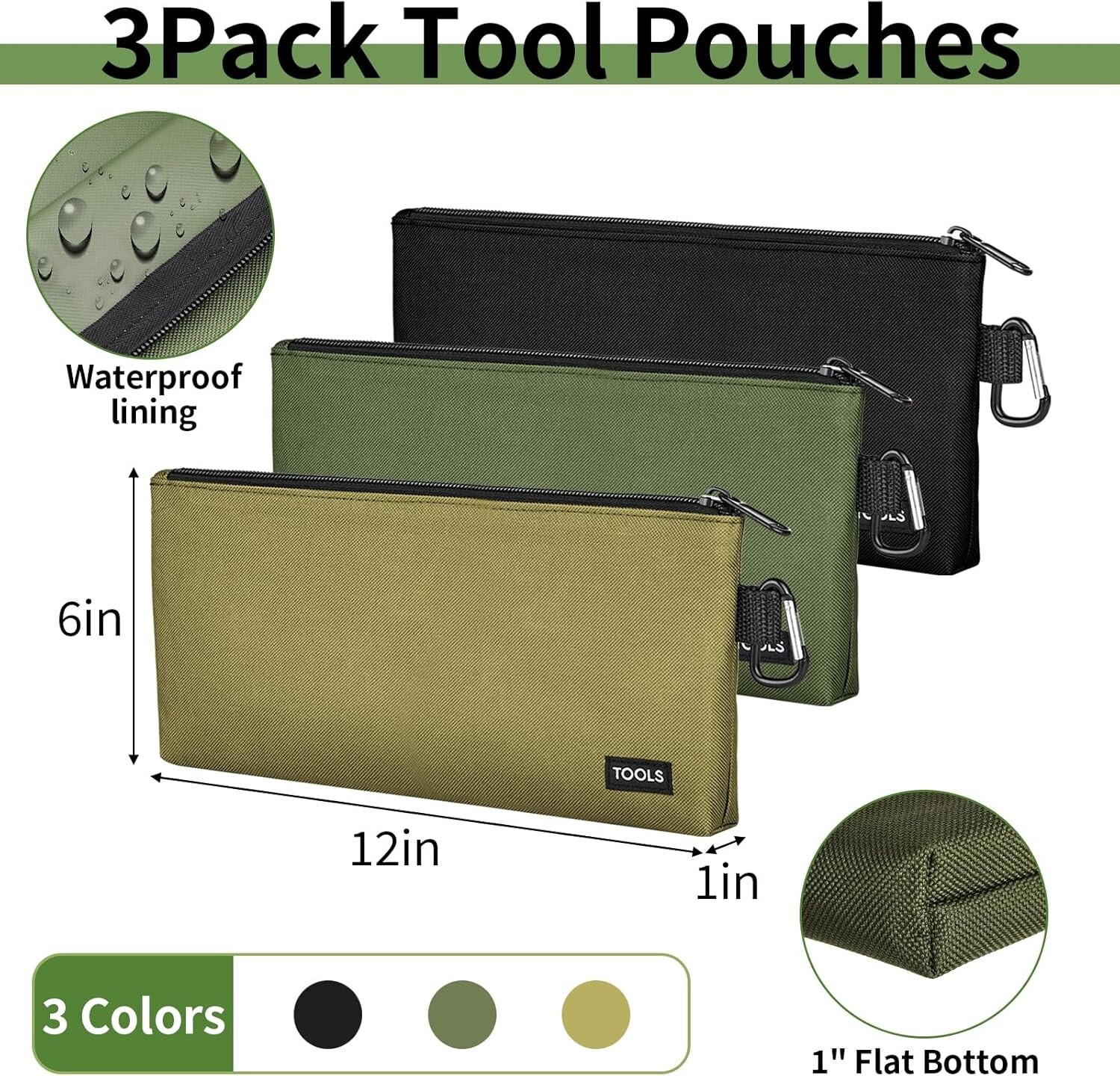 3 Pack Premium Tool Pouches Zipper Bag, 12 in Small Tools Bags with Carabiner, H