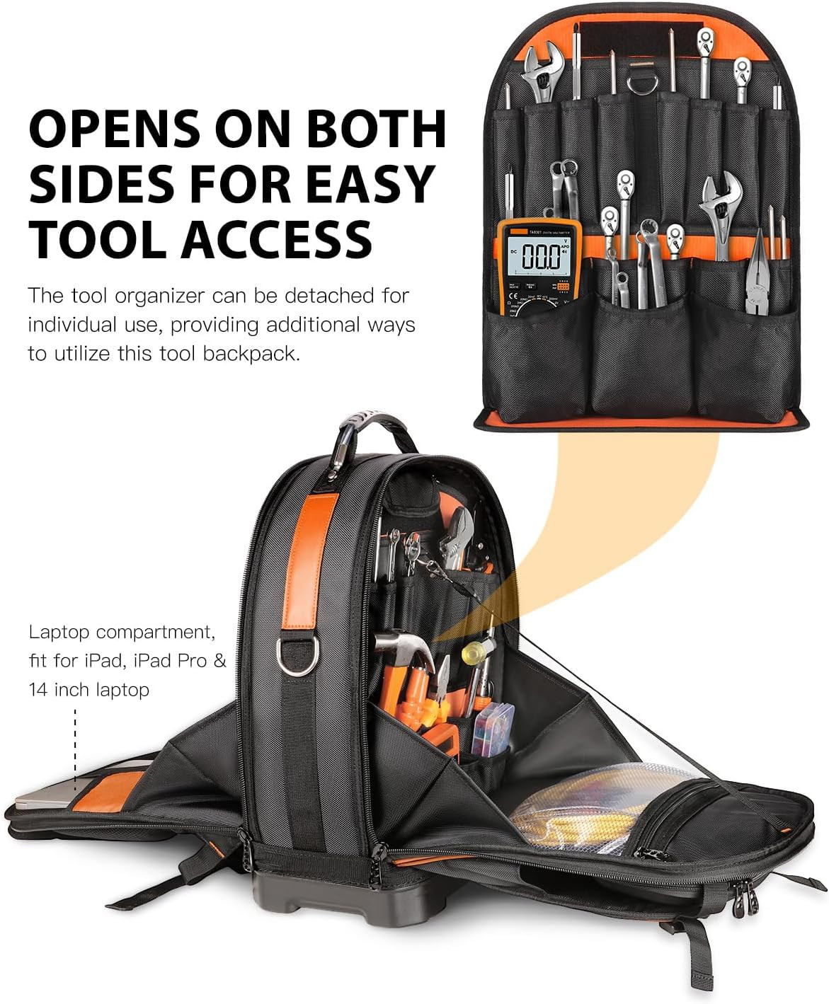 Heavy Duty Tool Backpack with Removable Organizer & Laptop Compartment, Orange