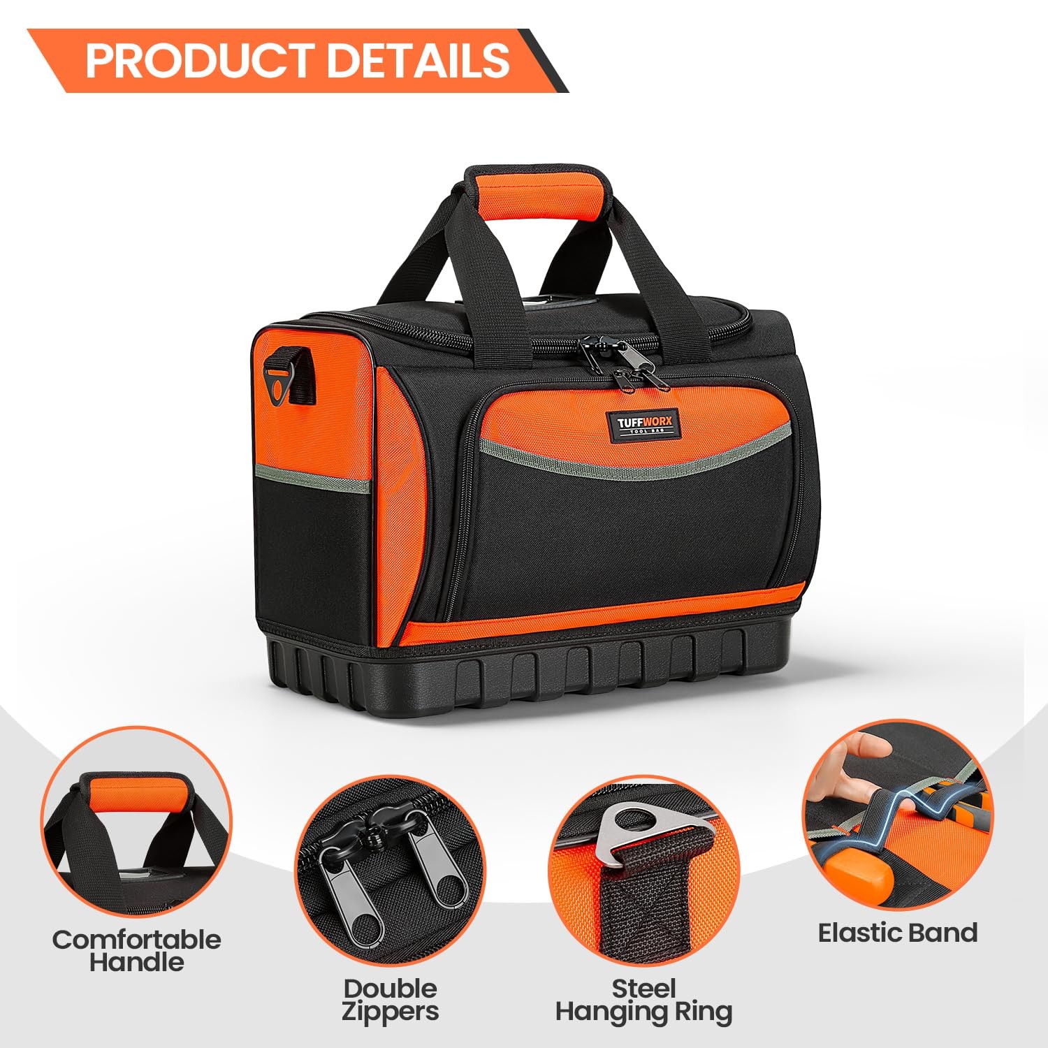 Black Orange Tool Bag Large Organizer 15.7×11.4×9.8 Inch Heavy Duty 600D Fabric