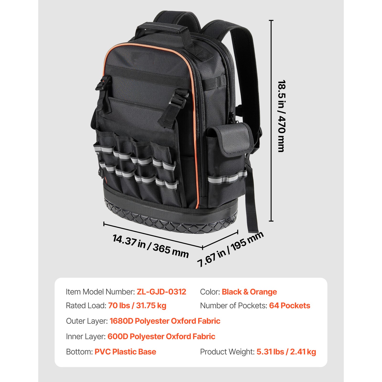 Tool Backpack 64 Pockets Tear-resistant Jobsite Backpack for Electrician