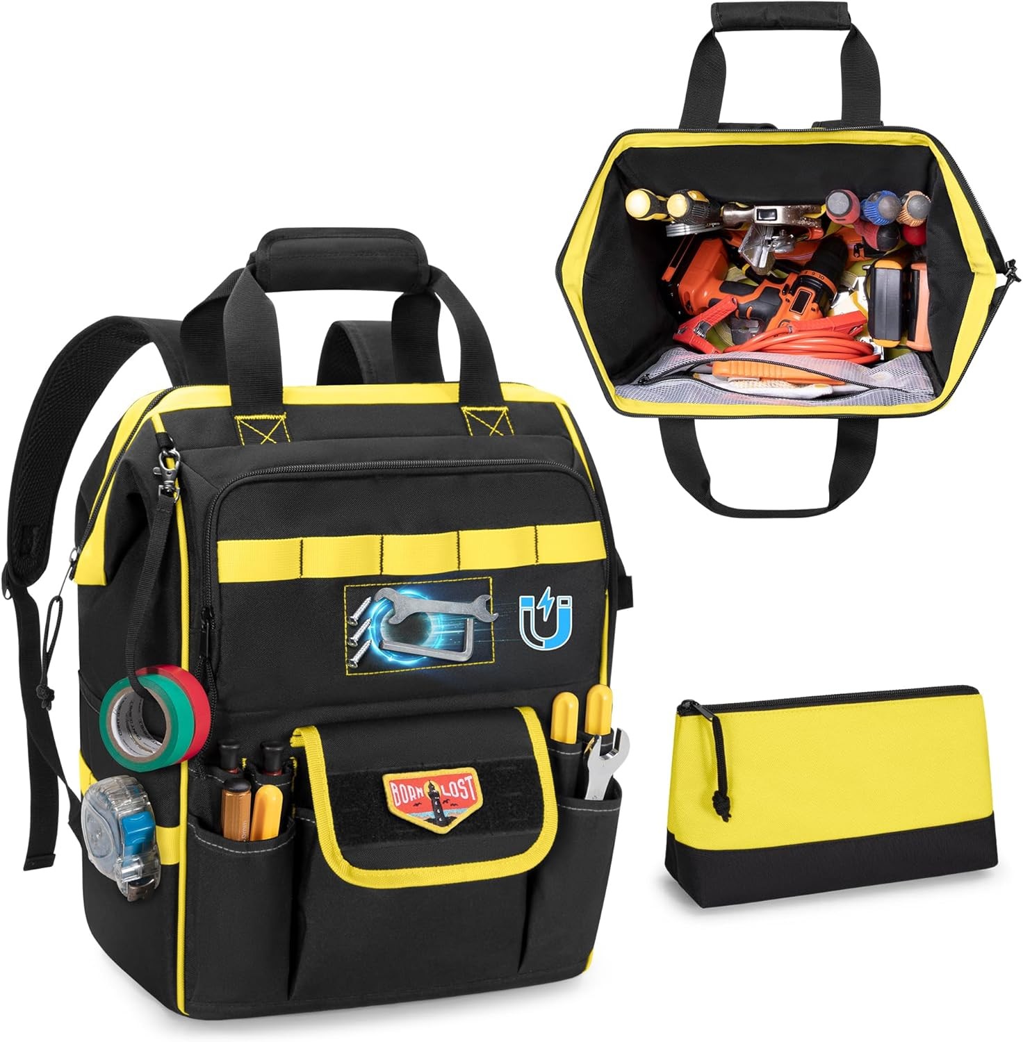 Tool Bag Backpack with Zipper Pouch and Magnetic Attraction Area, Heavy-Duty Too