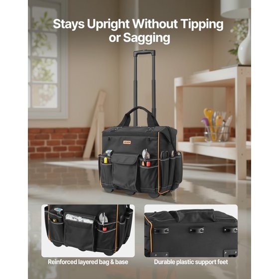 Rolling Tool Bag 18in Heavy Duty Wheeled Organizer Telescoping Handle 25 Pockets