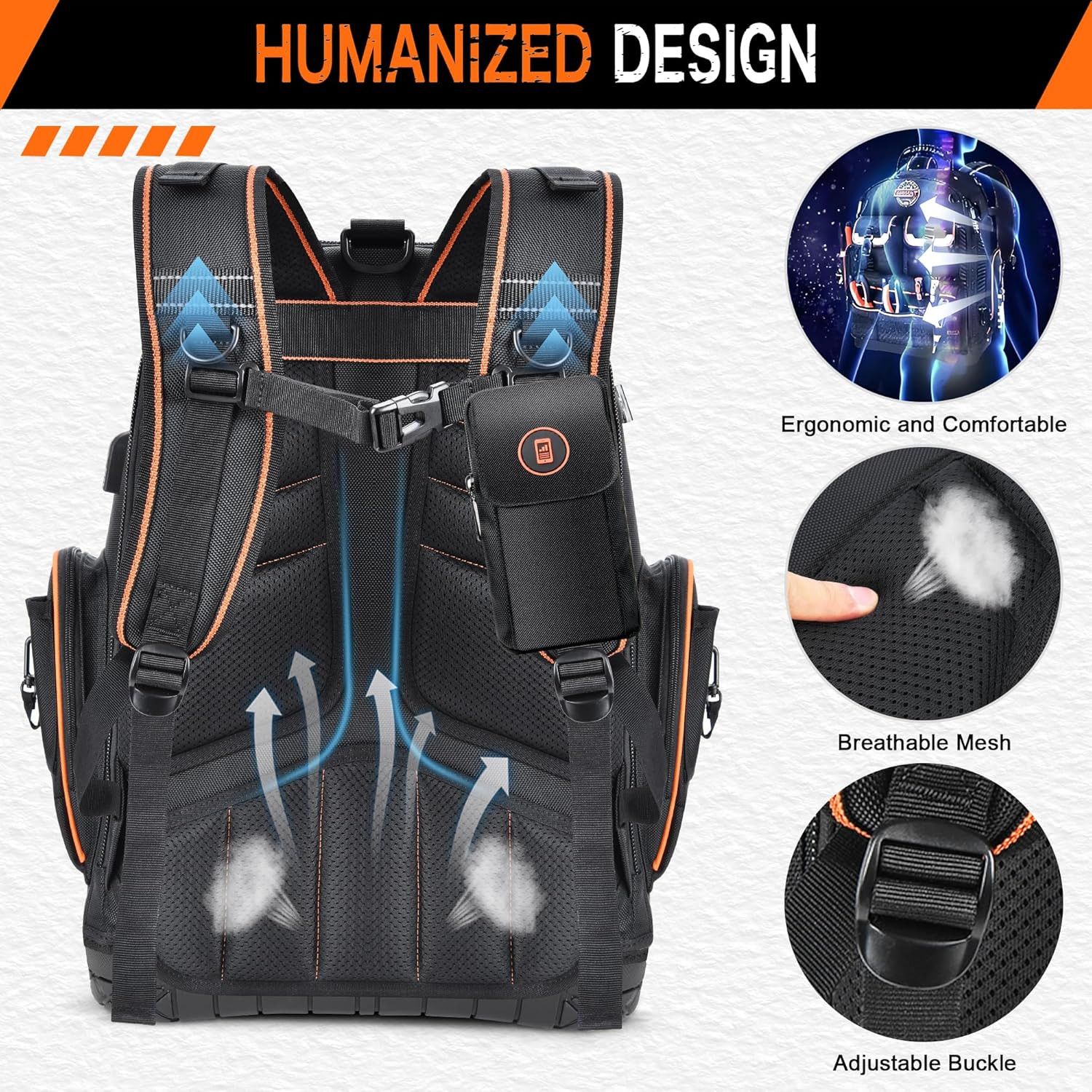 Tool Backpack Heavy Duty with Molded Bottom, 1680D 56-Pocket Tool Bag Organizer