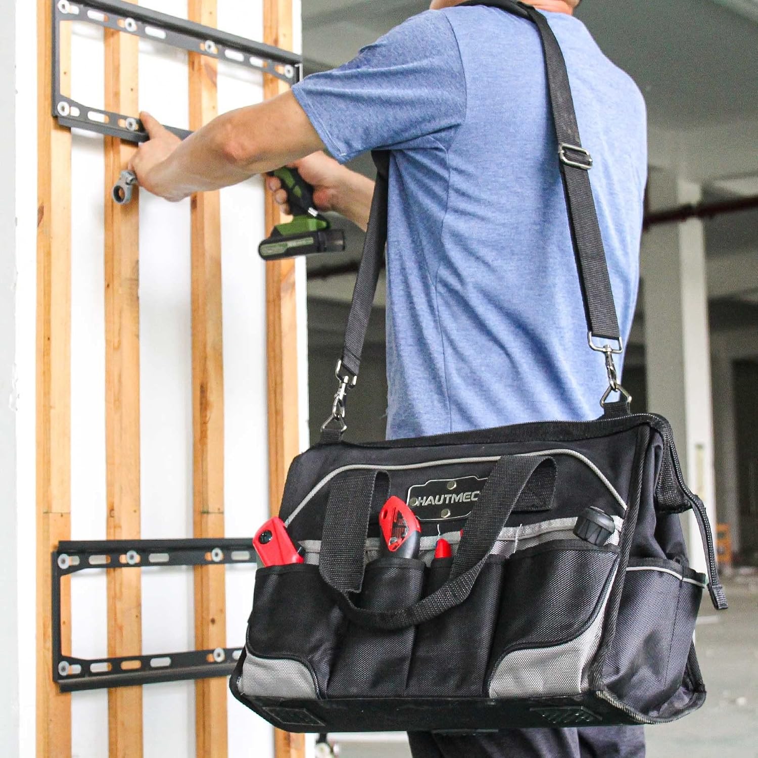 16″ 47-Pockets Tool Bag Heavy-Duty 1680D Wide Mouth Tool Organizer W/ Reinforced