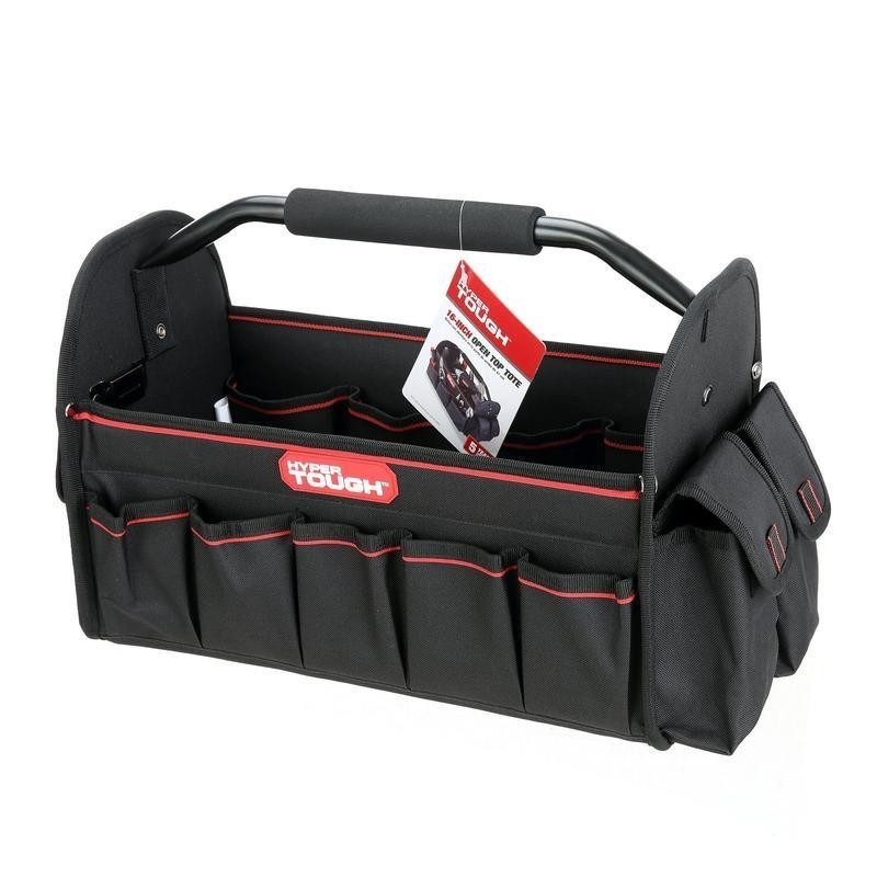 16in Open Top Tool Tote Durable Tool Bag W/ 20 Pockets & Foam Grip Handle Black