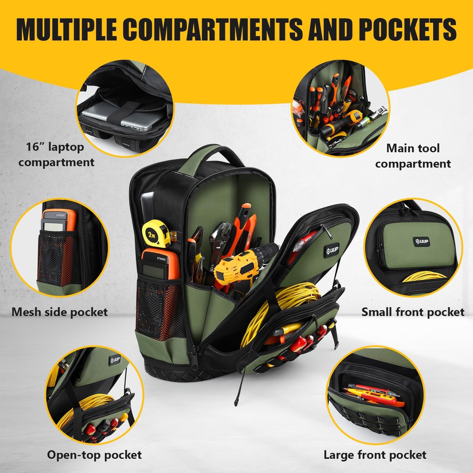 Tool Backpack, UUP Heavy Duty Bag, Large Empty Large, Black/Green