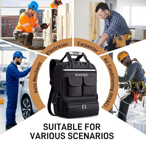 Tool Backpack for Men 18 Inch Heavy Duty Waterproof Multiple Pockets Tool Black