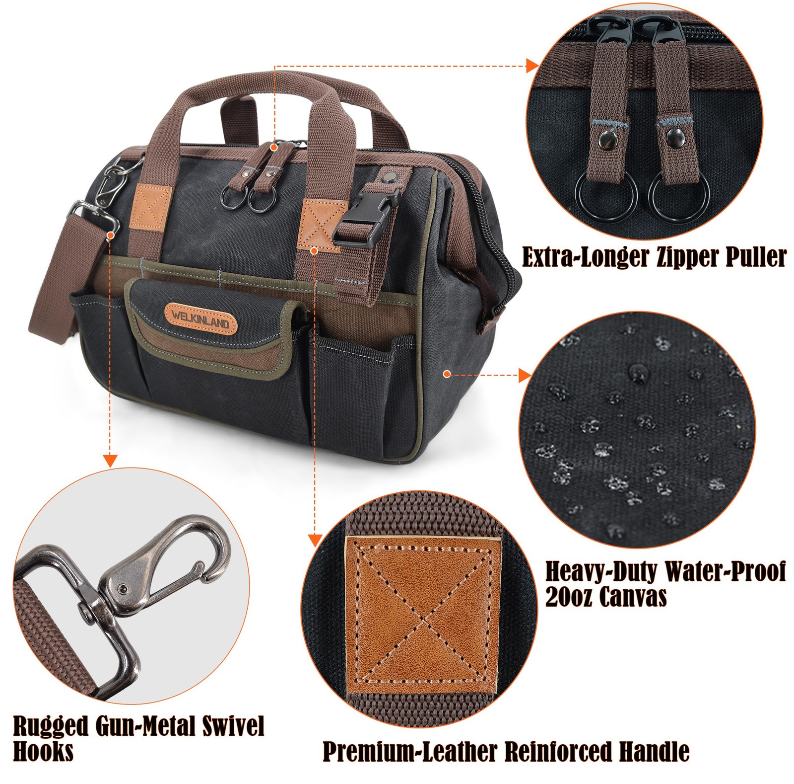WELKINLAND 30-Pockets Canvas tool bag, 14-Inch Heavy Duty tool bag, Waxed Canvas