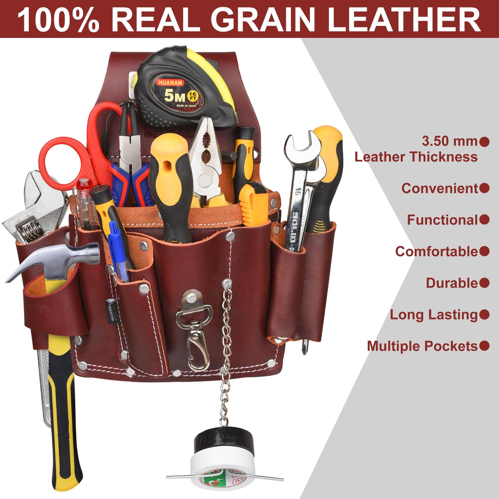 TRUTUCH Maroon Grain Leather Electrician’s Tool Pouch | Carpenter Electric Tool