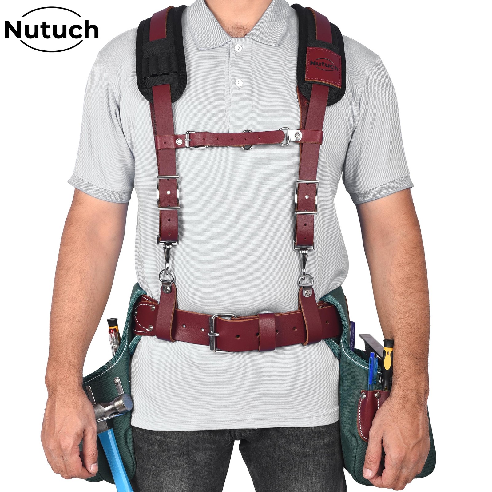 NUTUCH Heavy Duty Leather Work Suspender With Pockets | Fully-Adjustable Padd…