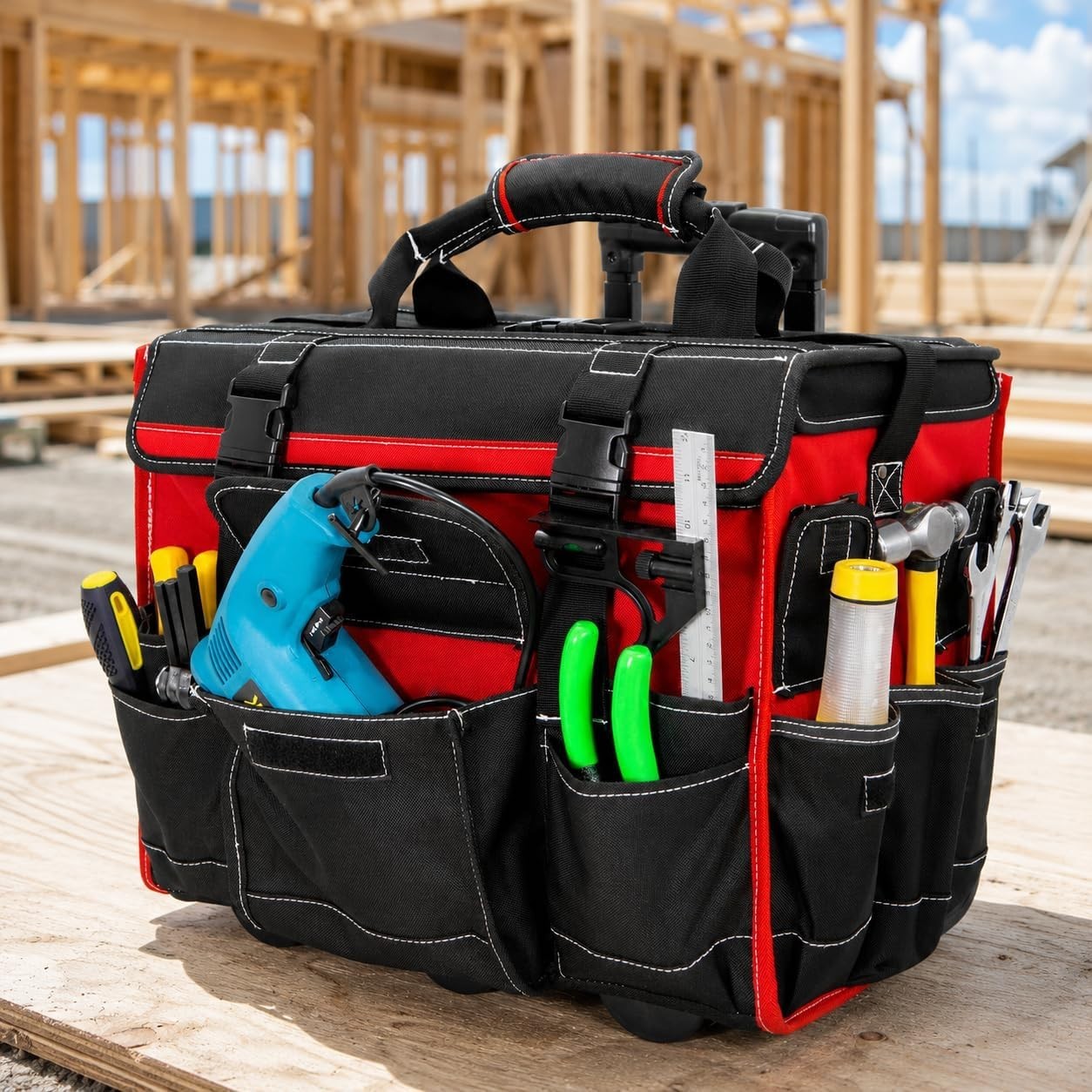 Rolling Tool Bag Wheels, 18-Inch Heavy Duty Tool Bag Organizer, Retractable T…