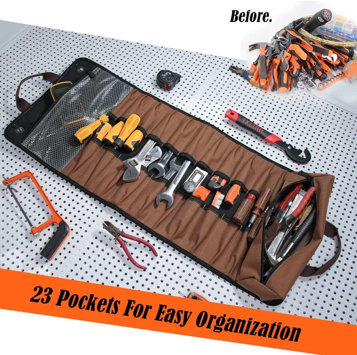 WELKINLAND 23-Pocket Canvas Tool Roll, Heavy-Duty Tool Wrap Roll, Waterproof Can