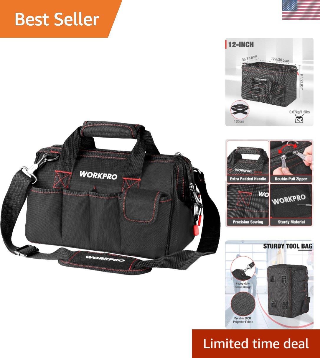 Versatile 12-Inch Storage Tool Bag with Multi-Pockets & Abrasion-Resistant Base