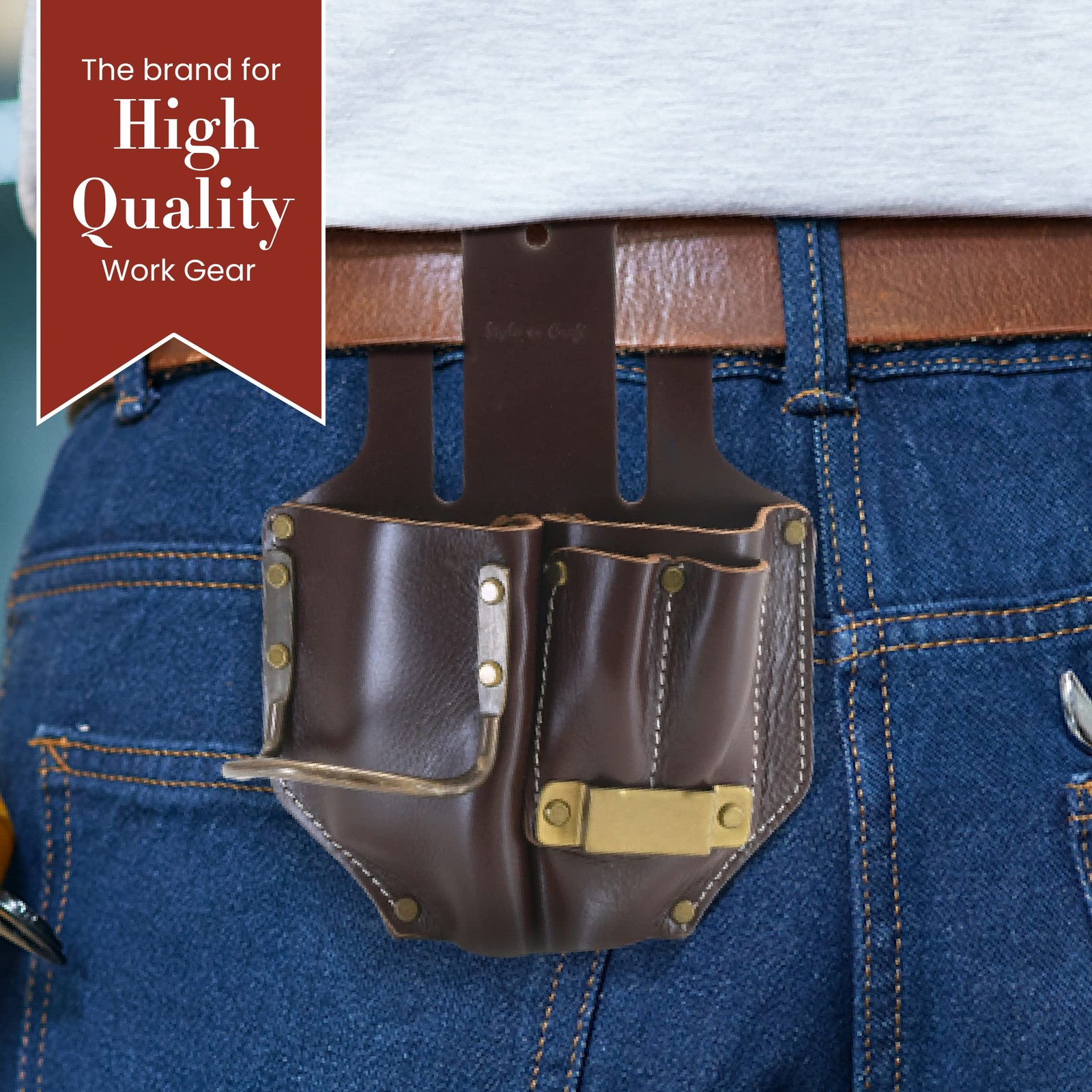 Leather Tool Pouch 4 Pocket Pliers Hammer Tape Holder Full Grain Dark Tan 98017