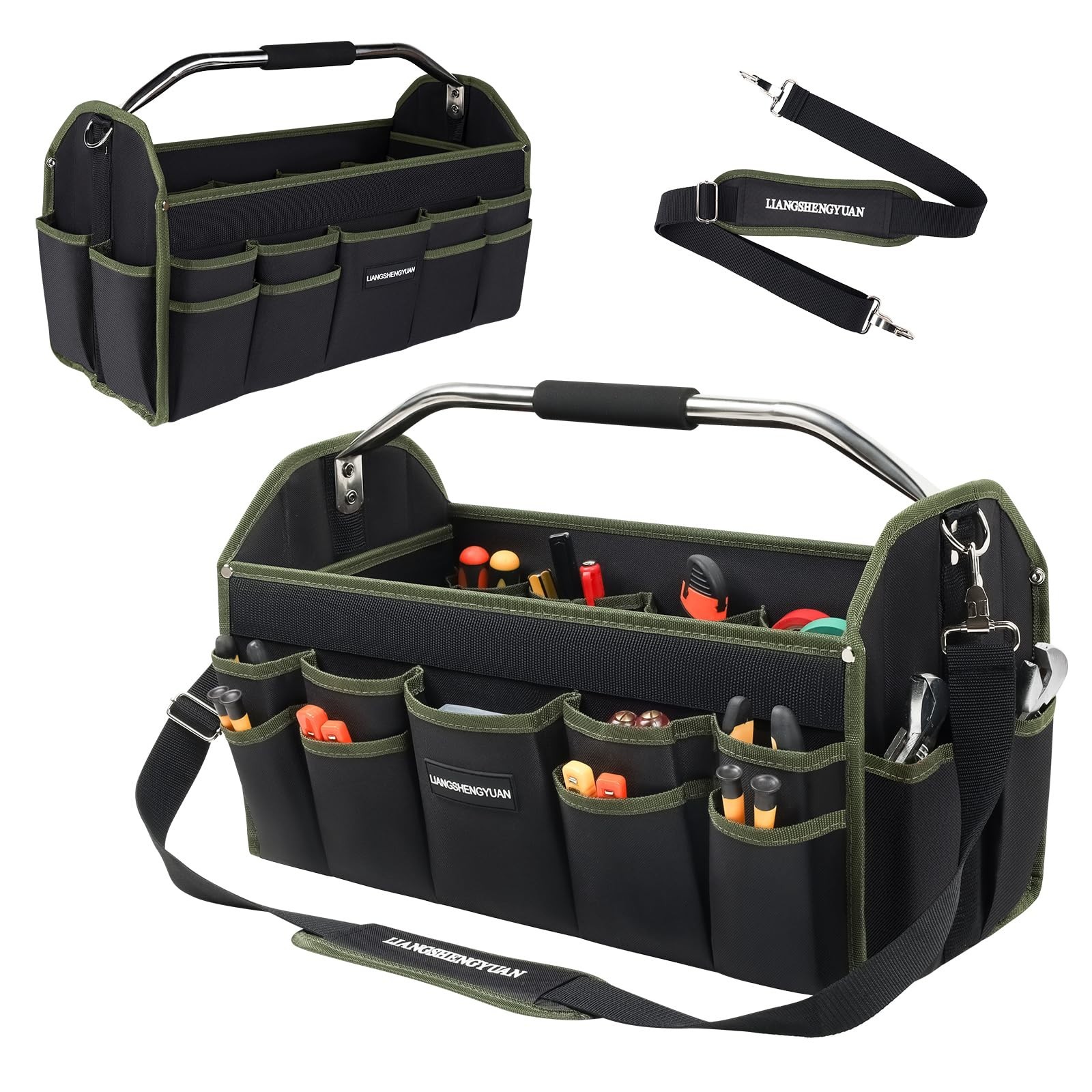 Heavy Duty 22″ Electrician Tool Bag, Open Top Tote, 30 Pockets, Organizer, Remov