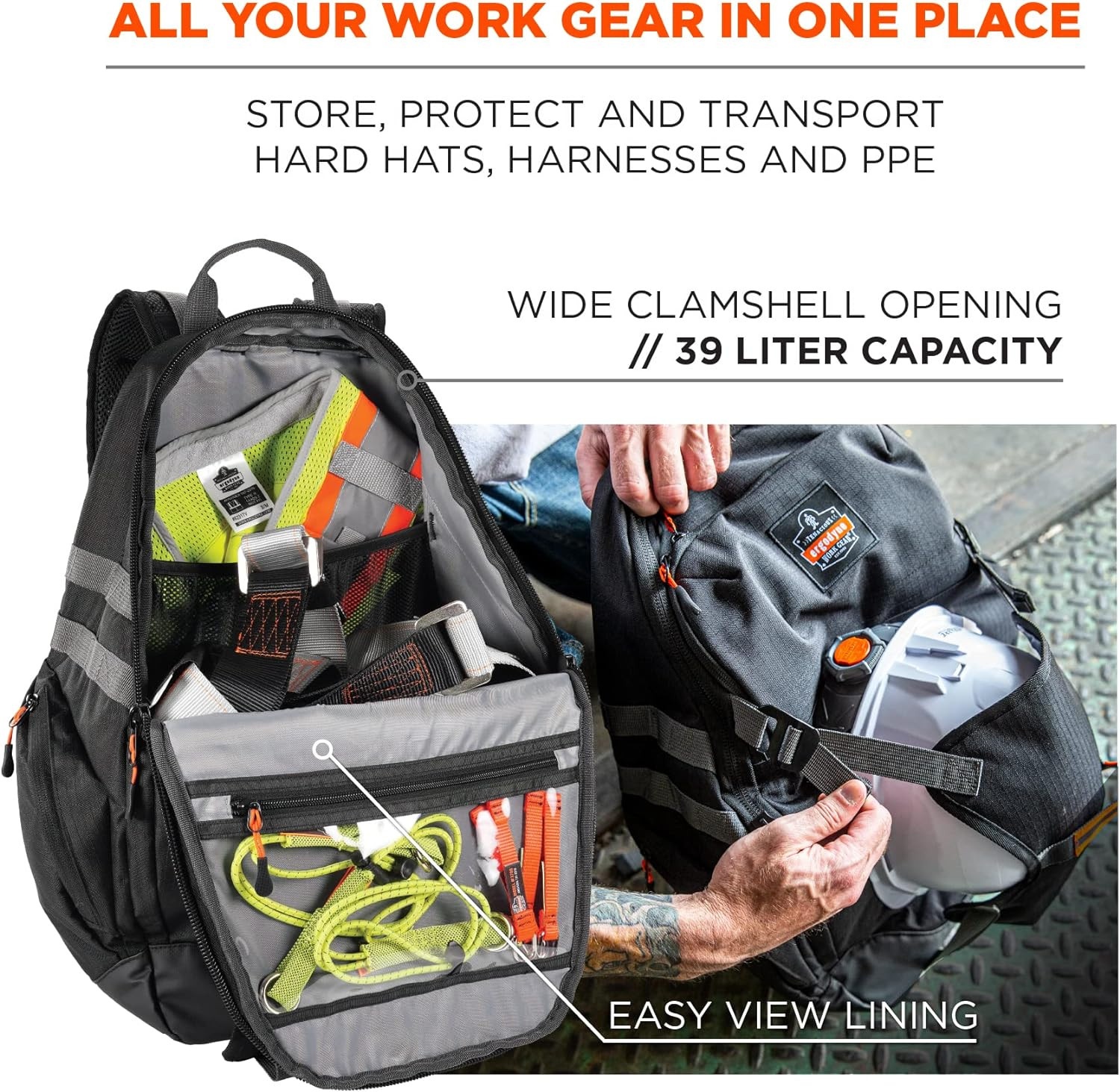 Work Gear Jobsite Backpack with Hard Hat Storage, Padded Shoulder Straps, 39L Ca