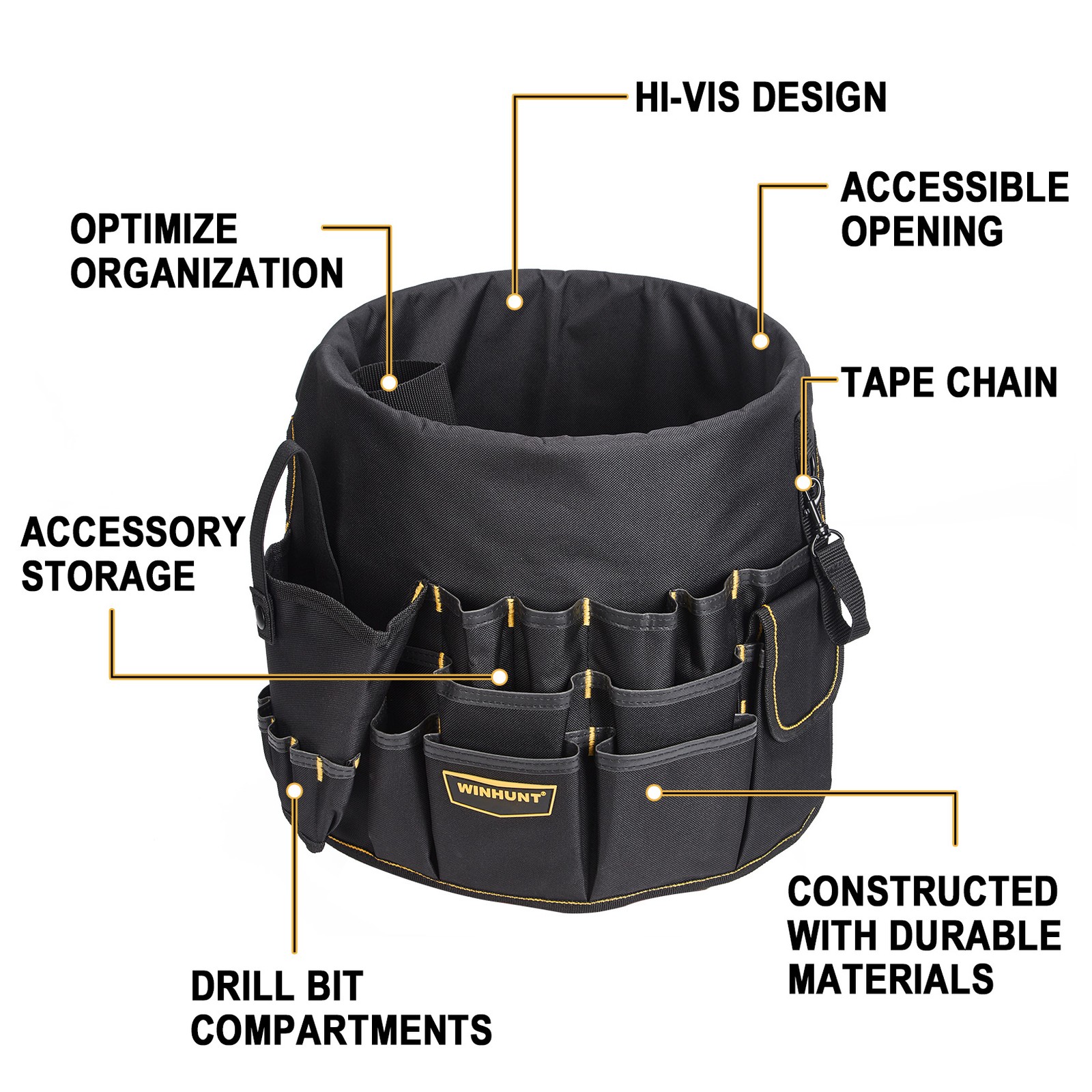 Oxford Cloth Tool Bag,11.8″ Bucket,Multi-Pocket Heavy-Duty Storage Bag, Black