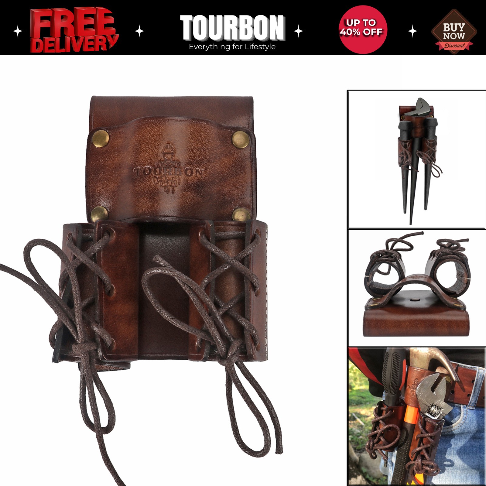 Tourbon Leather Double Bull Pin Holder Spud Wrench Tool Belt Carrier Sheath Case