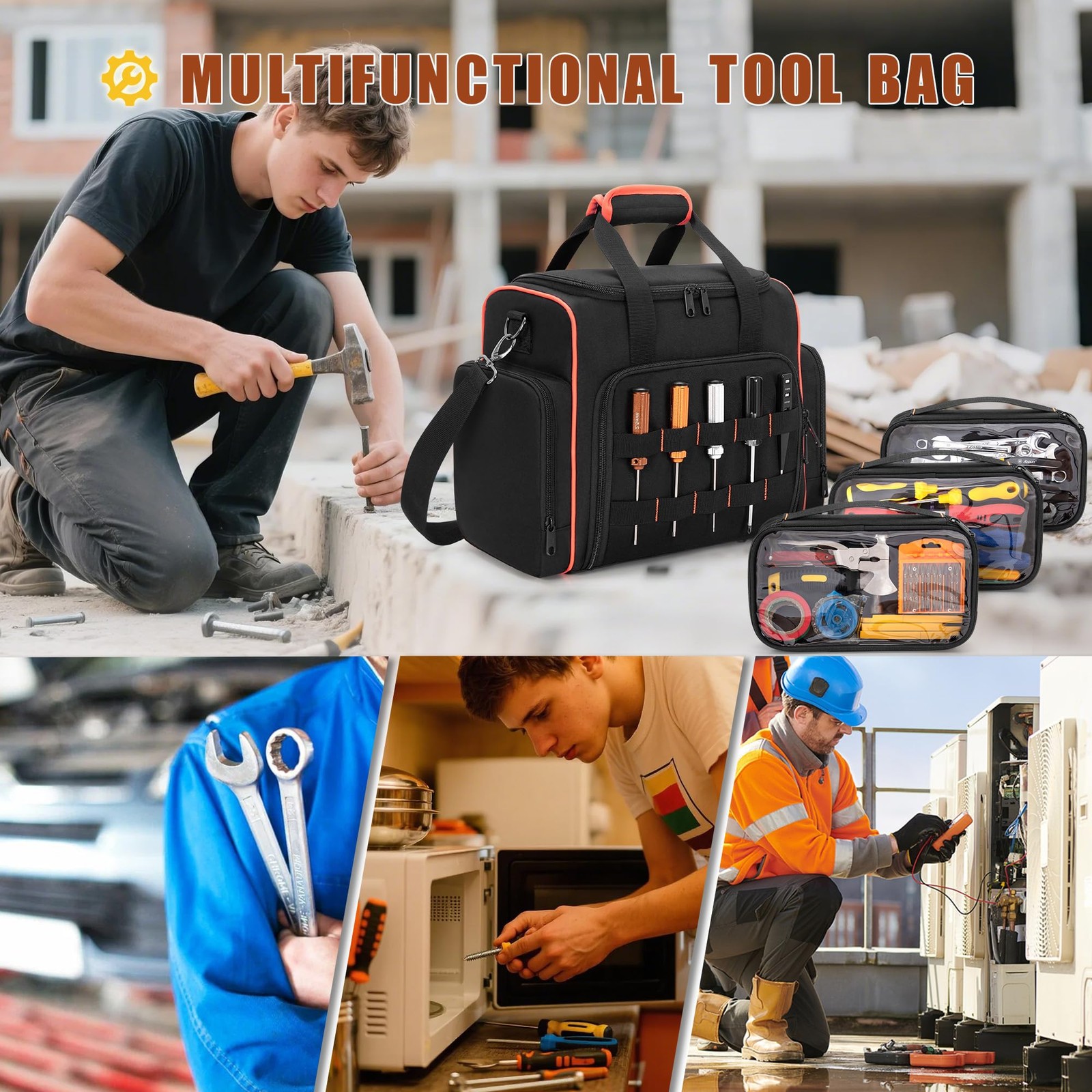 Tool Bag 3 Removable Cases 2 Layers Tote Hand Tools Black Red Binding Carrier