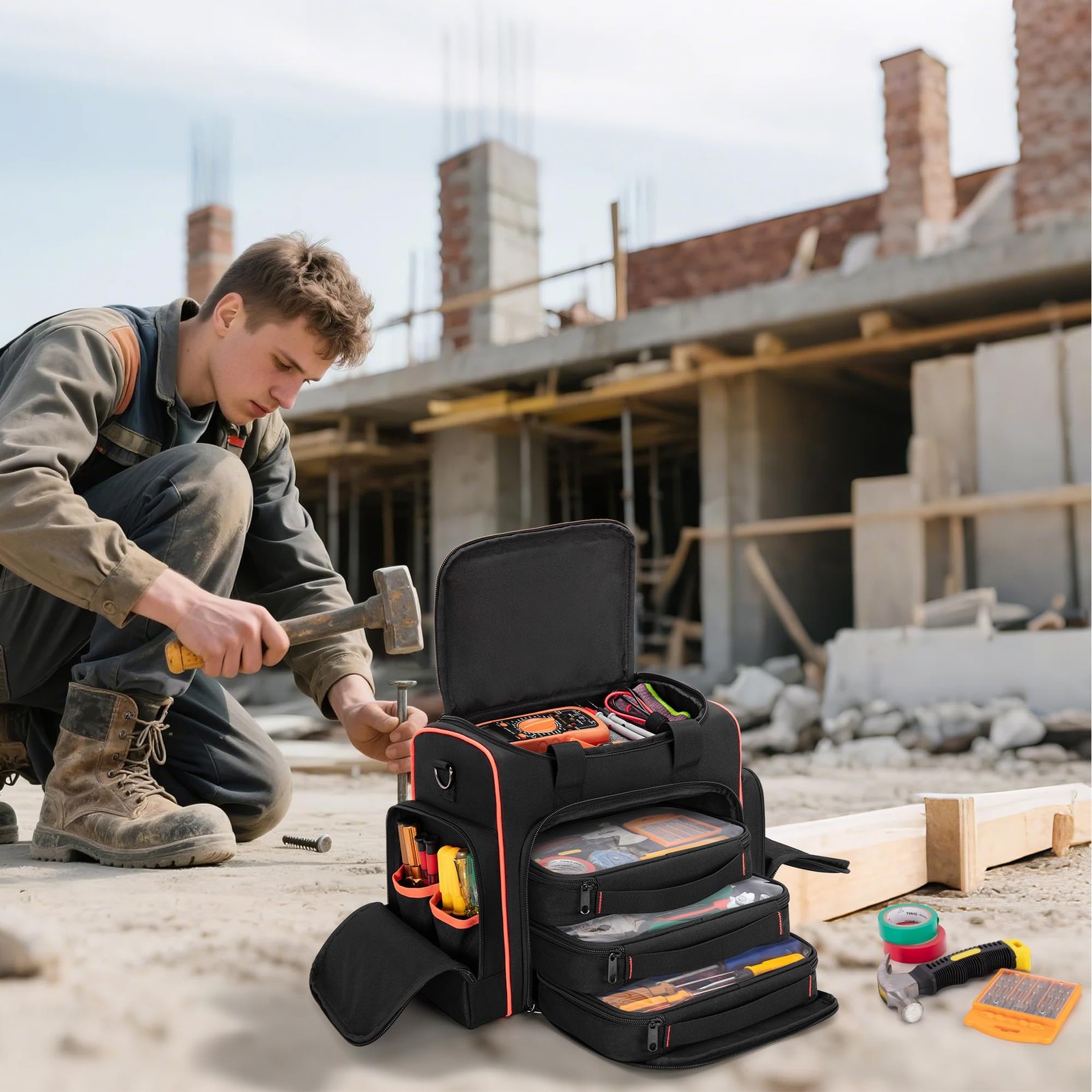 Marscamd Tool Bag with 3 Removable Cases, 2 Layers Black Red Binding
