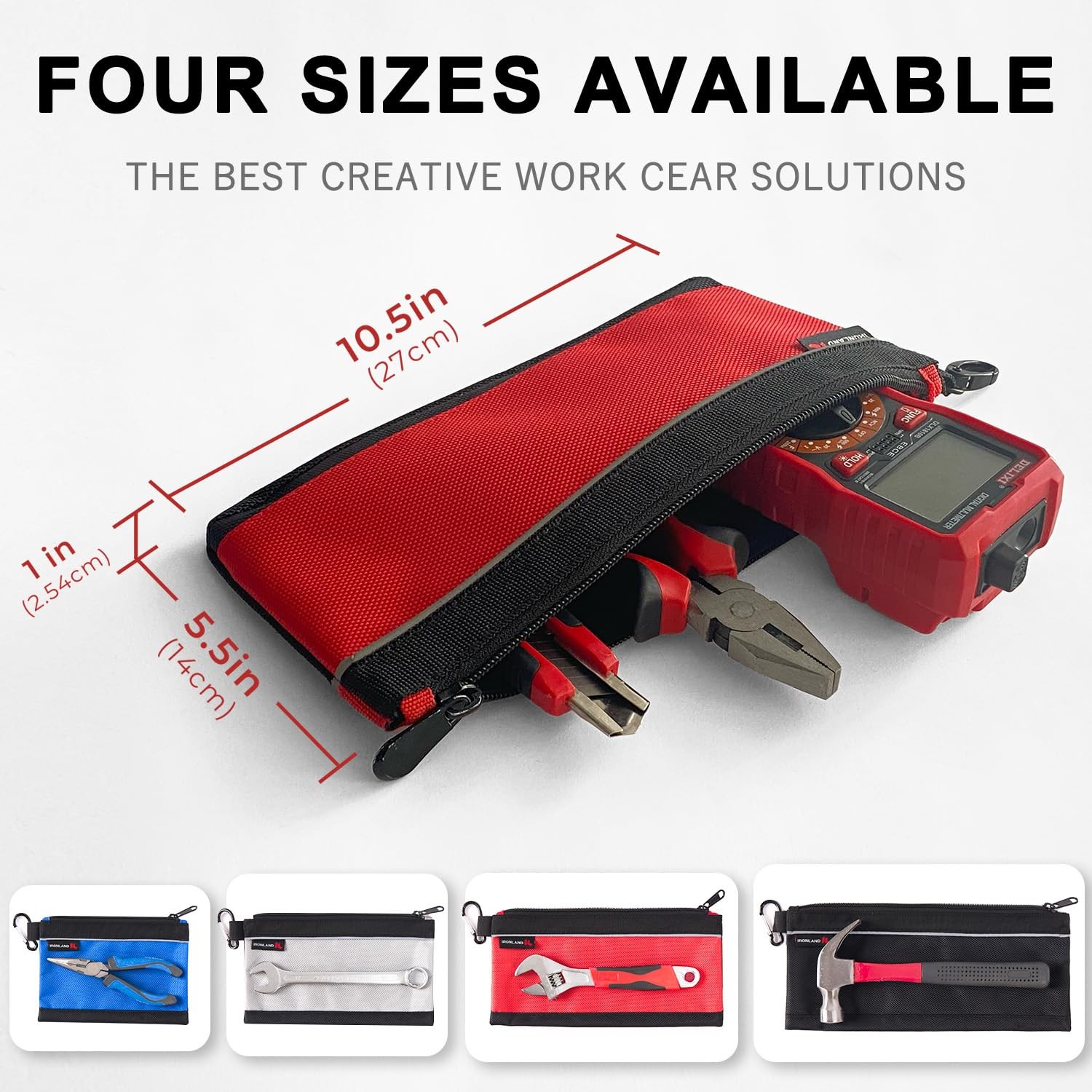 IRONLAND Small Tool Pouches with Zipper 4 Pack Combo, Black,Red,Grey,Blue