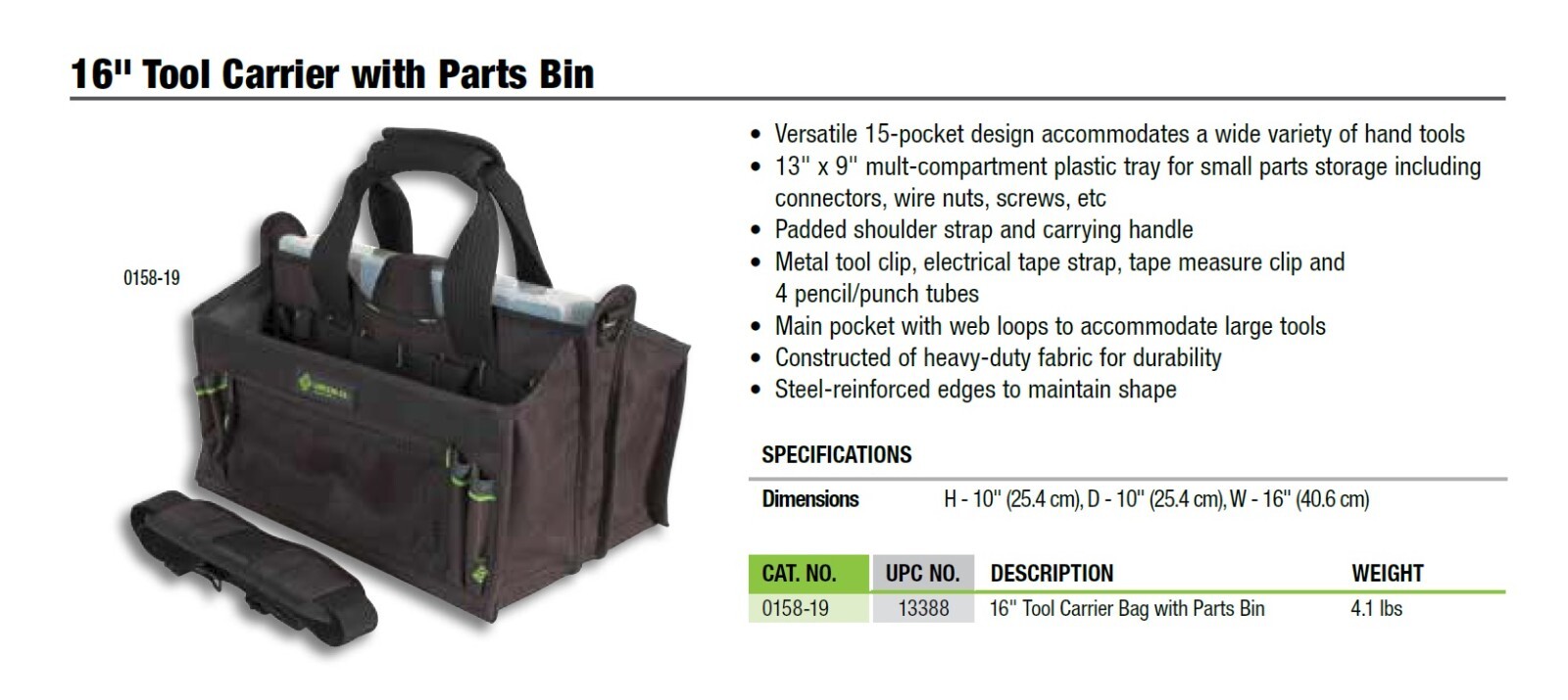 GREENLEE 0158-19 16″ Tool Carrier Bag with Parts Bin
