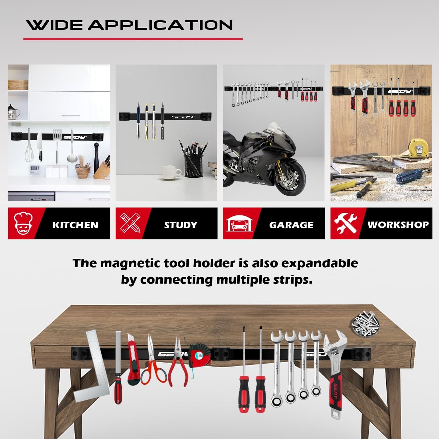 SEDY Magnetic Tool Holder Storage Organizer: 7-Piece Garage 12 Inch, Black
