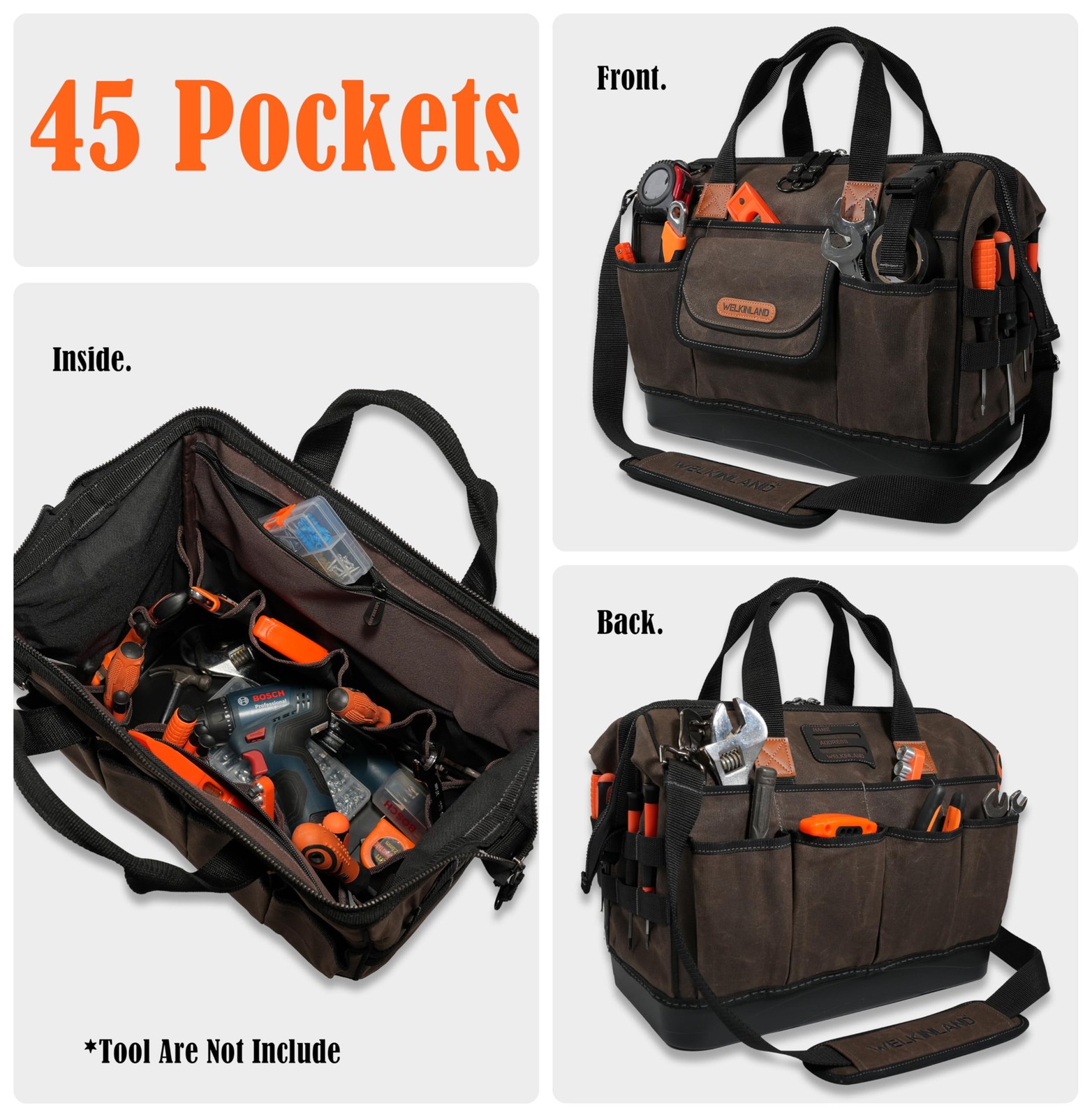 45-Pockets Waxed Canvas Tool Bag, 16-Inch Heavy-Duty Electrician Tools bag, H…