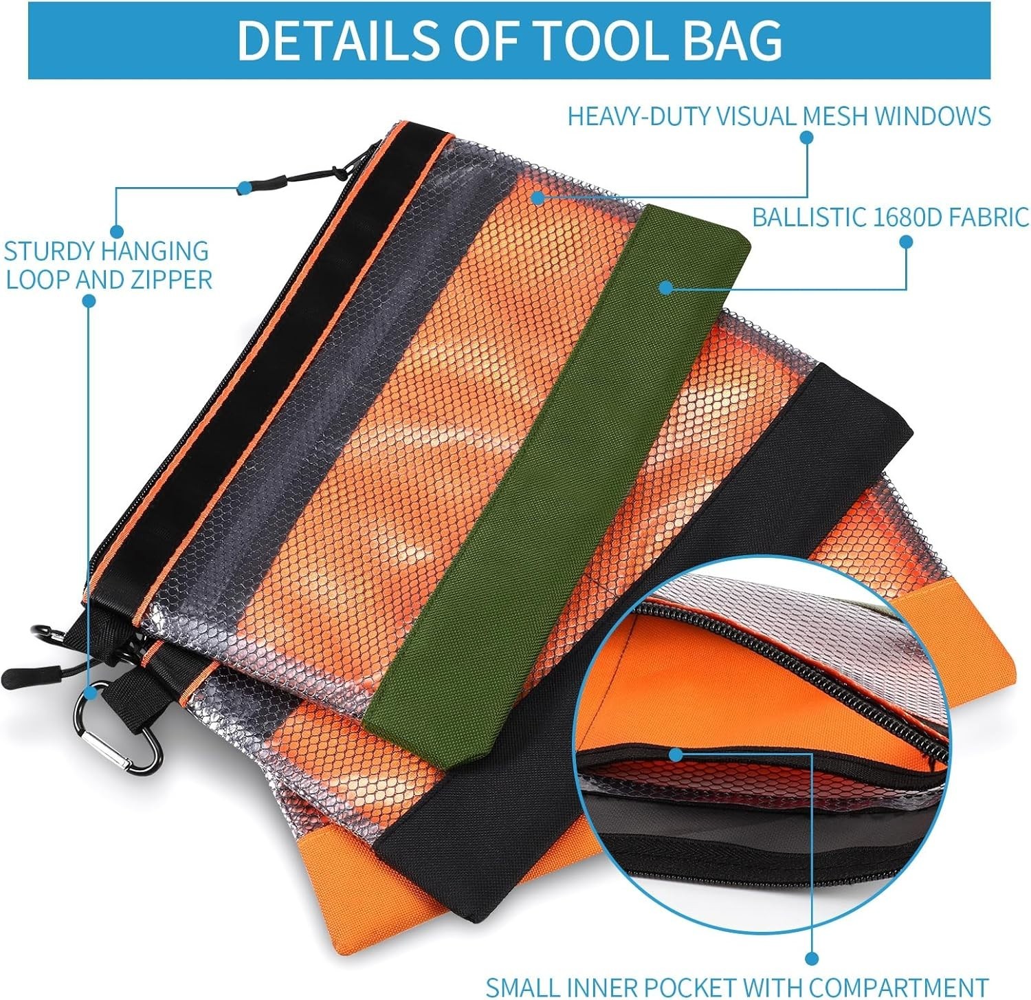 BESARME 3 Pcs 11.8″ Clear Tool Pouches with Zipper Heavy-Duty Small Tool Bag