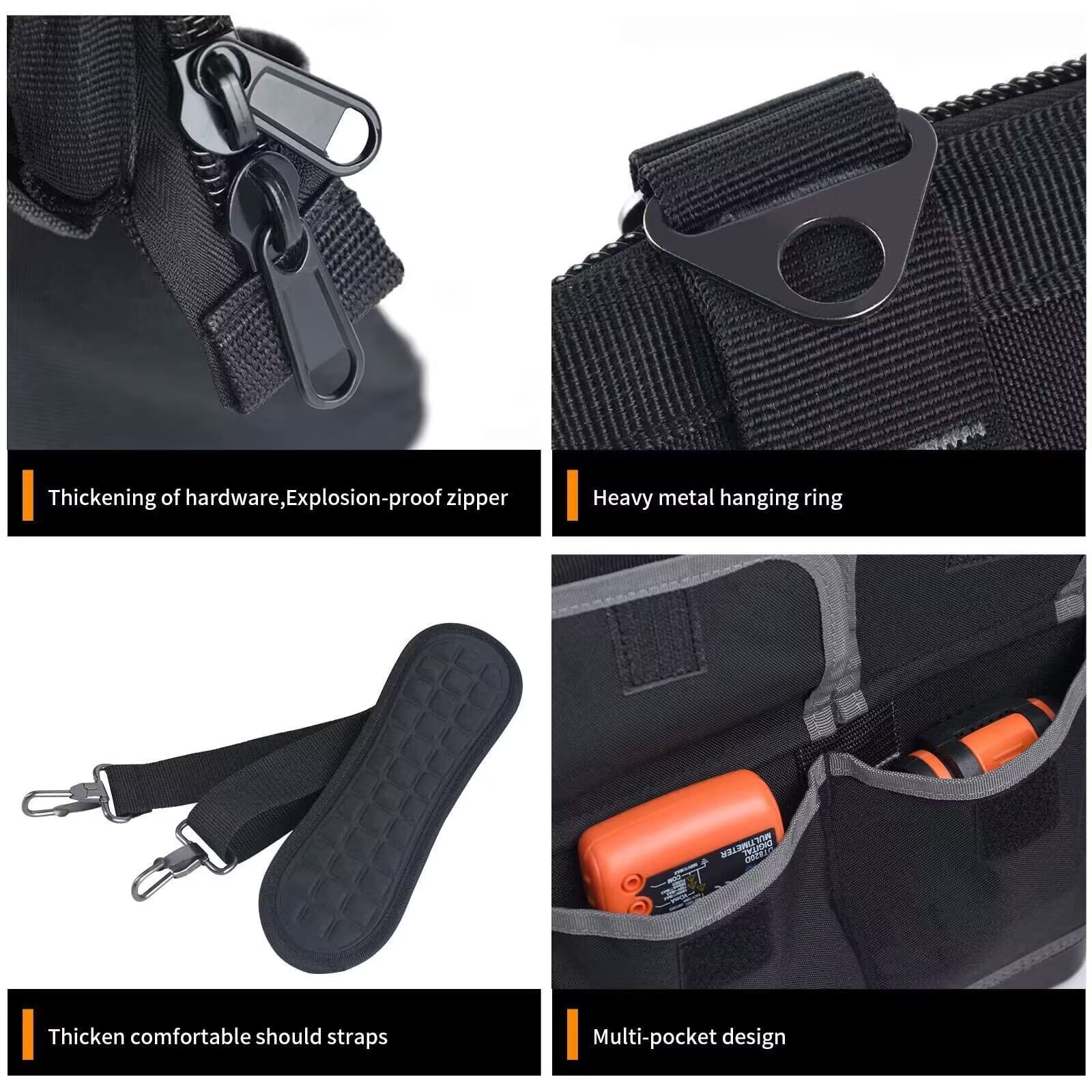 FASTECH 22-inch Wide Mouth Tool Bag 22 inch-Grey-With Bottom Shell, Black
