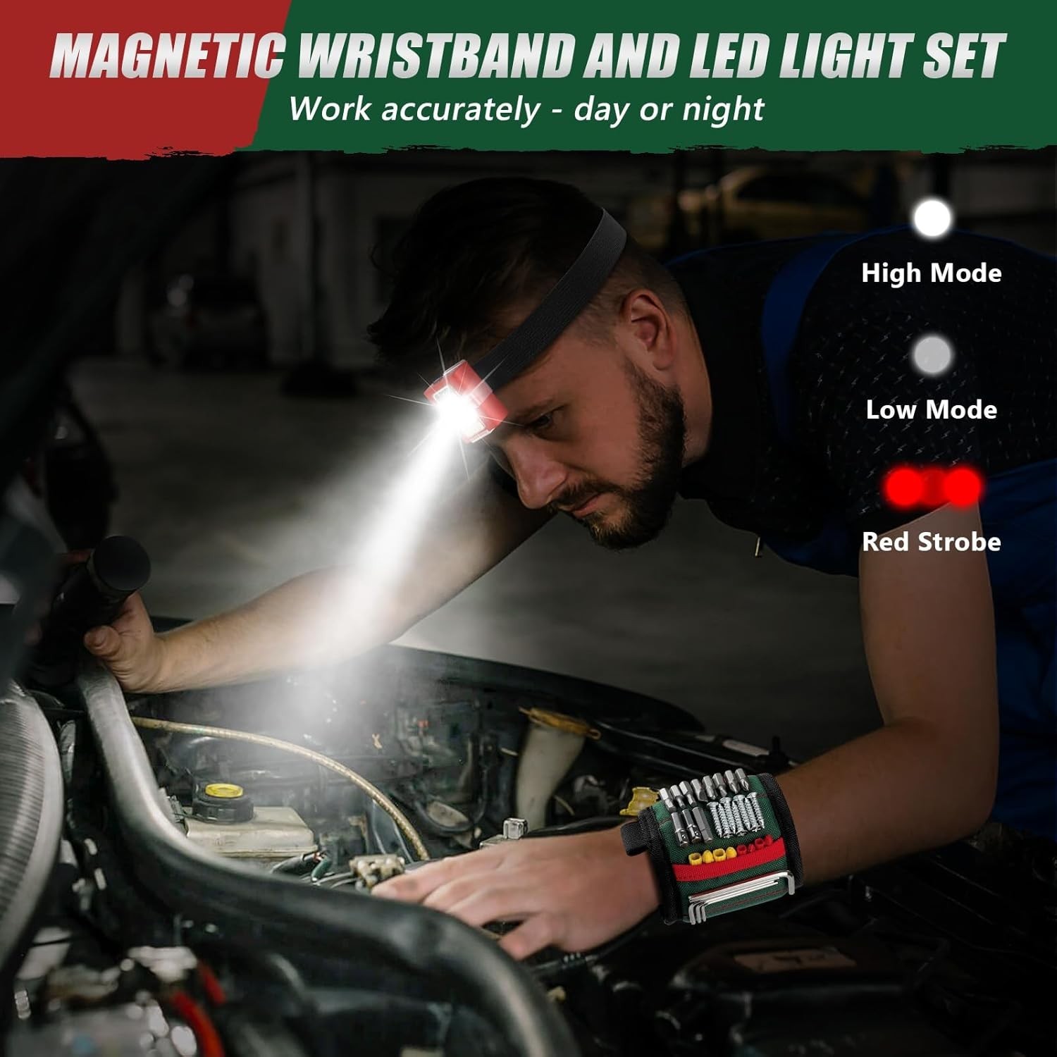 Magnetic Wrist Band with LED Light, Tool Belt Wrist Strap for Nail Screws Nails