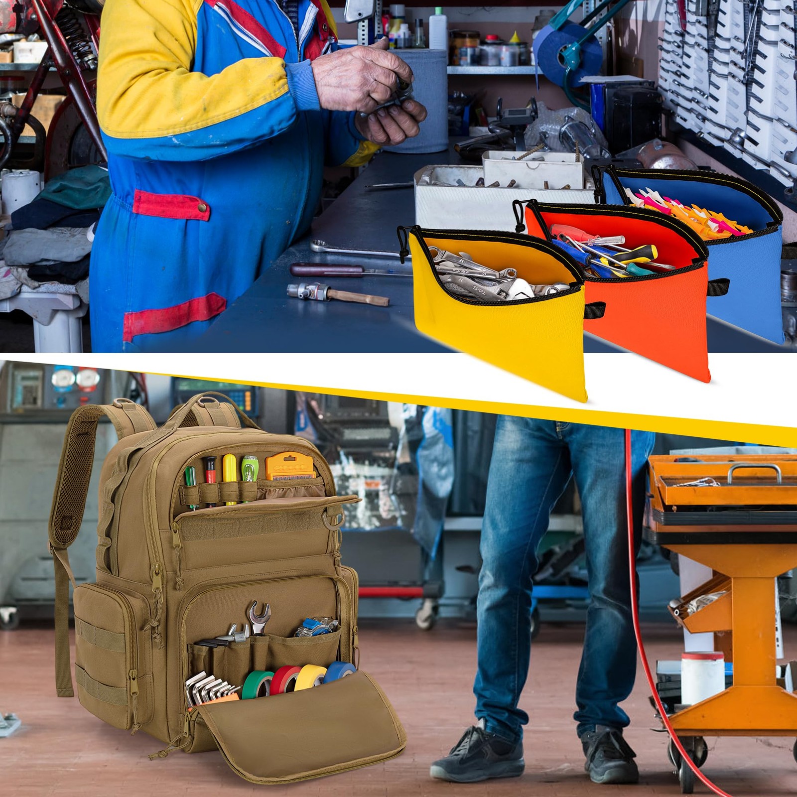 Tool Bag Backpack for Men with 3 Tool Pouches, Heavy-Duty Tool Storage Organi…