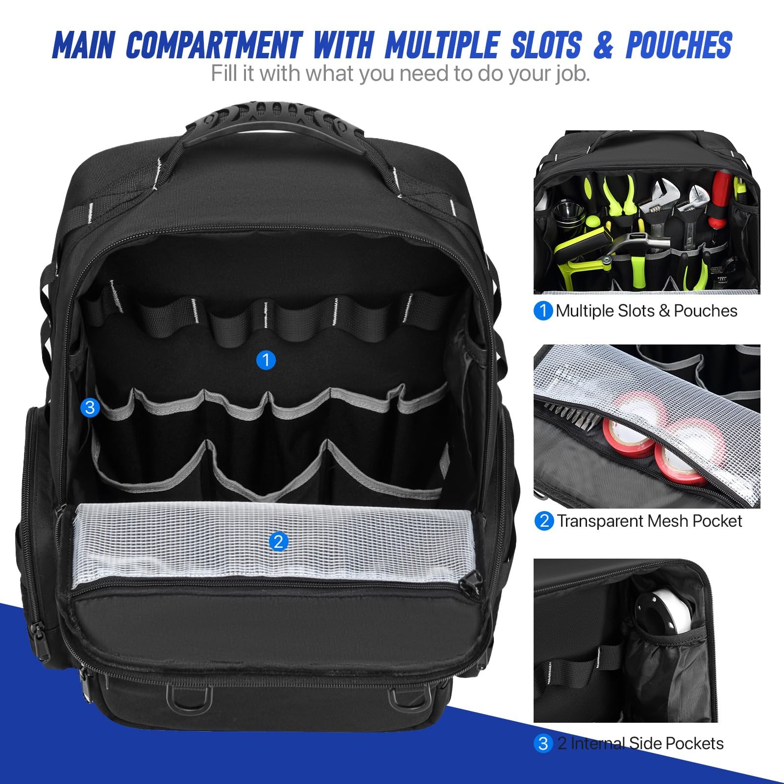Heavy Duty Tool Backpack Organizer with 3 Pouches for Electricians Technicians