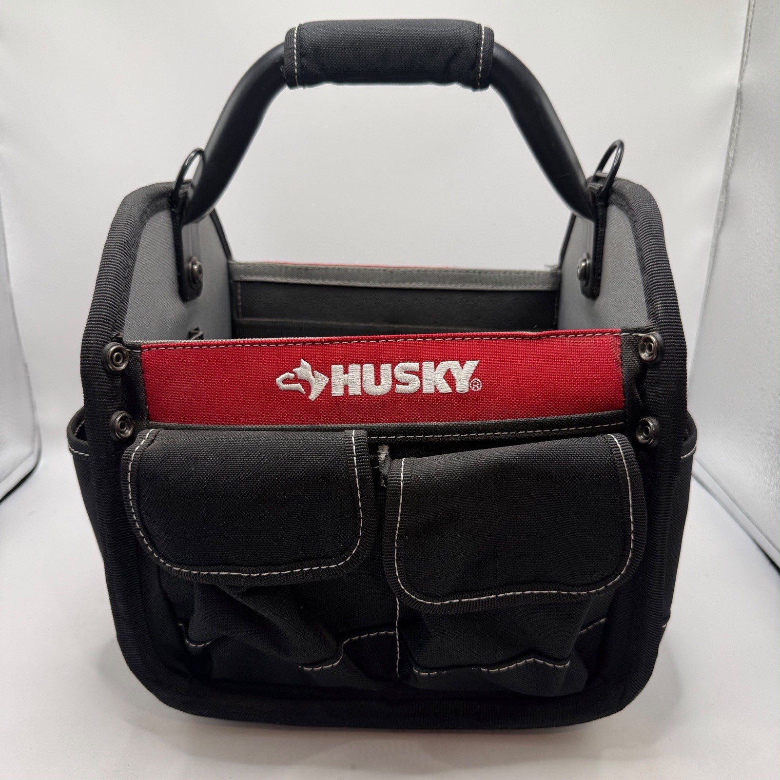 Husky 12” Tool Tote Bag Organizer Open Top Multi Pocket Heavy Duty Black Red