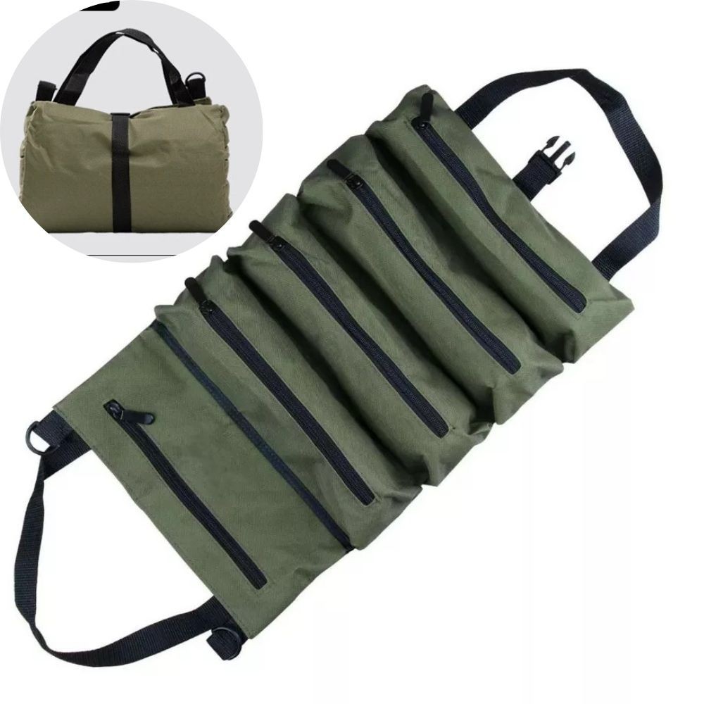 Portable Tool Roll Bag Oxford Multi Pocket Organizer Zipper Black Green